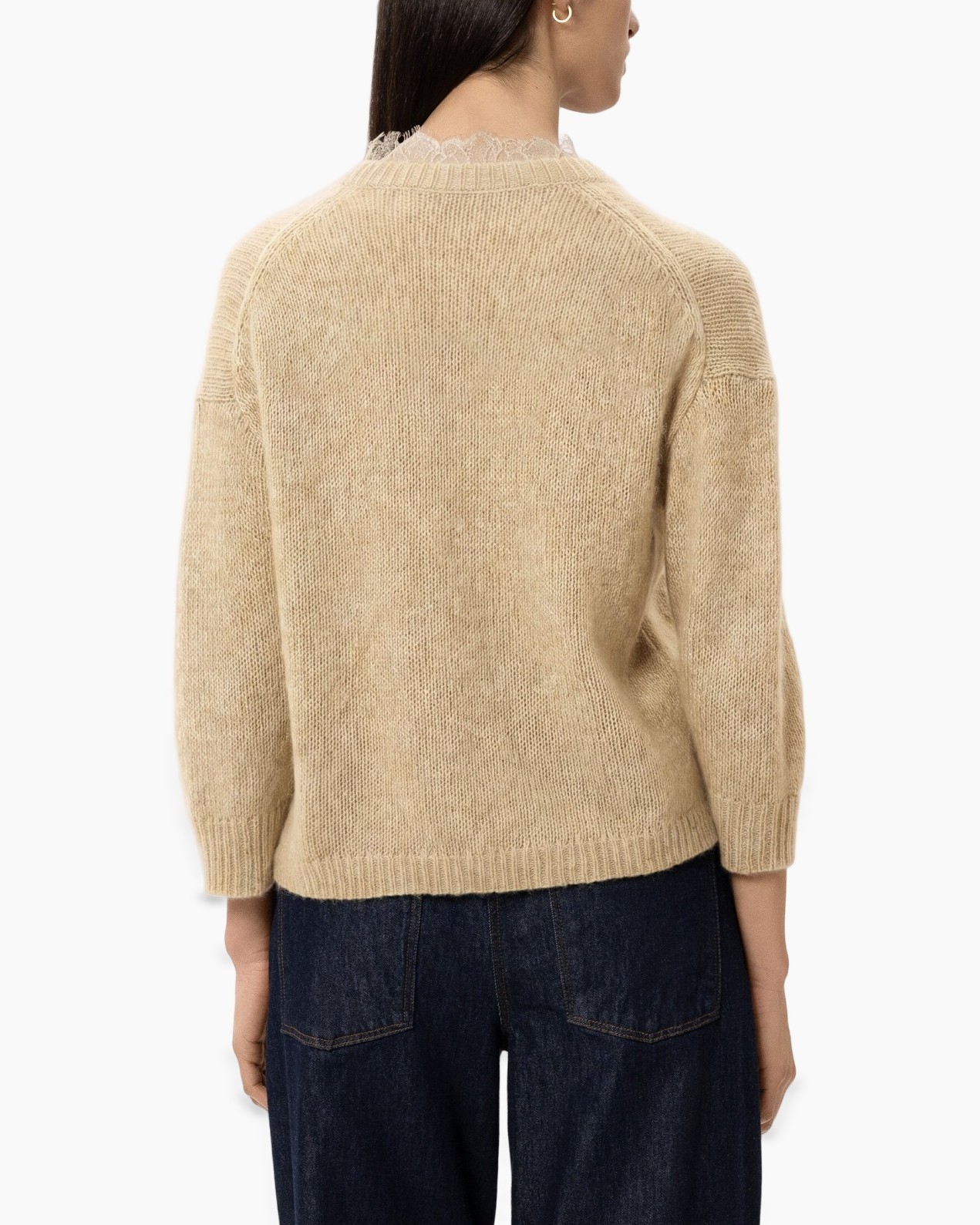 beige sweater, knit sweater, long sleeve, crew neck, back view