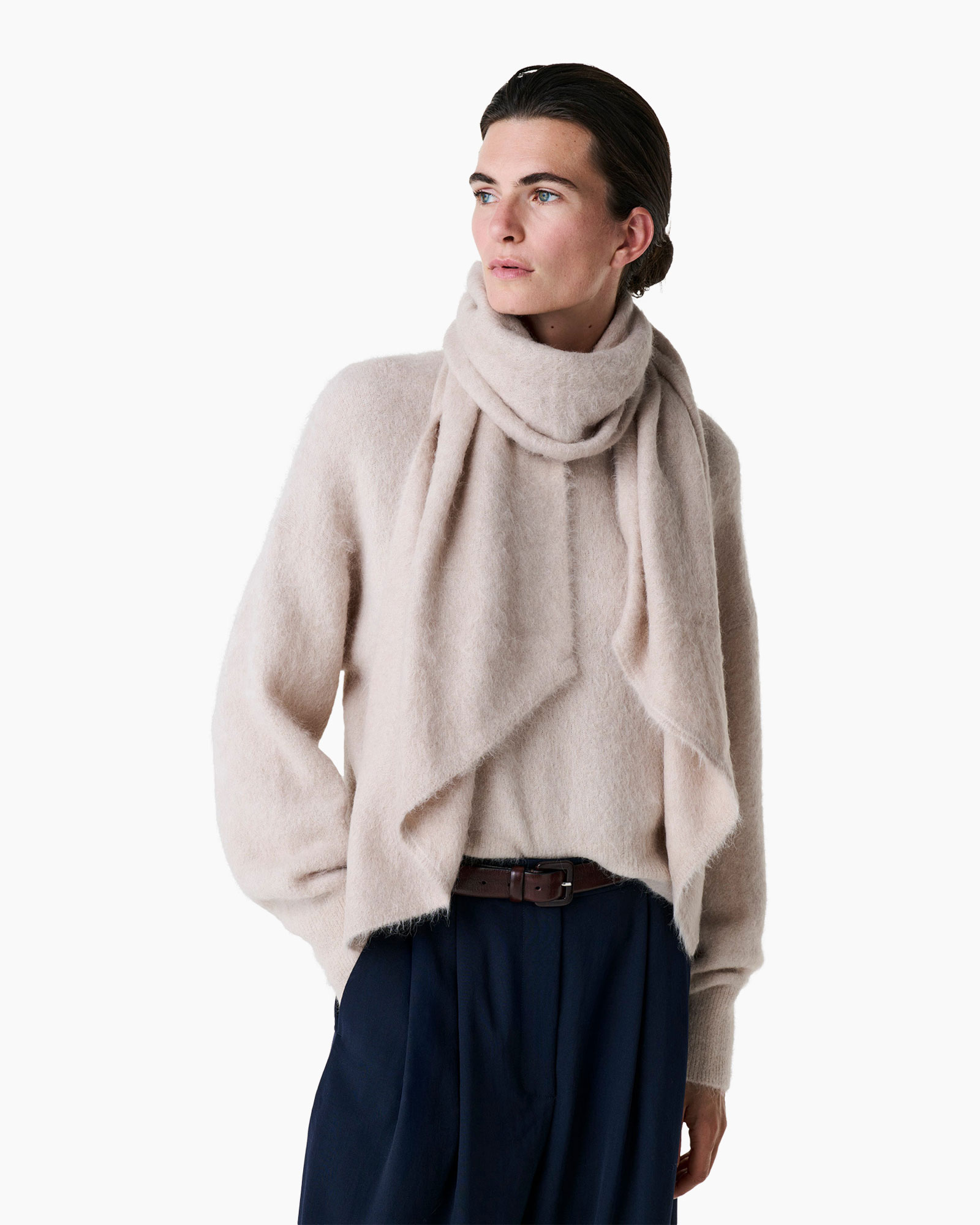 knit scarf, scarf wrap, cream sweater, soft cardigan, belted trousers