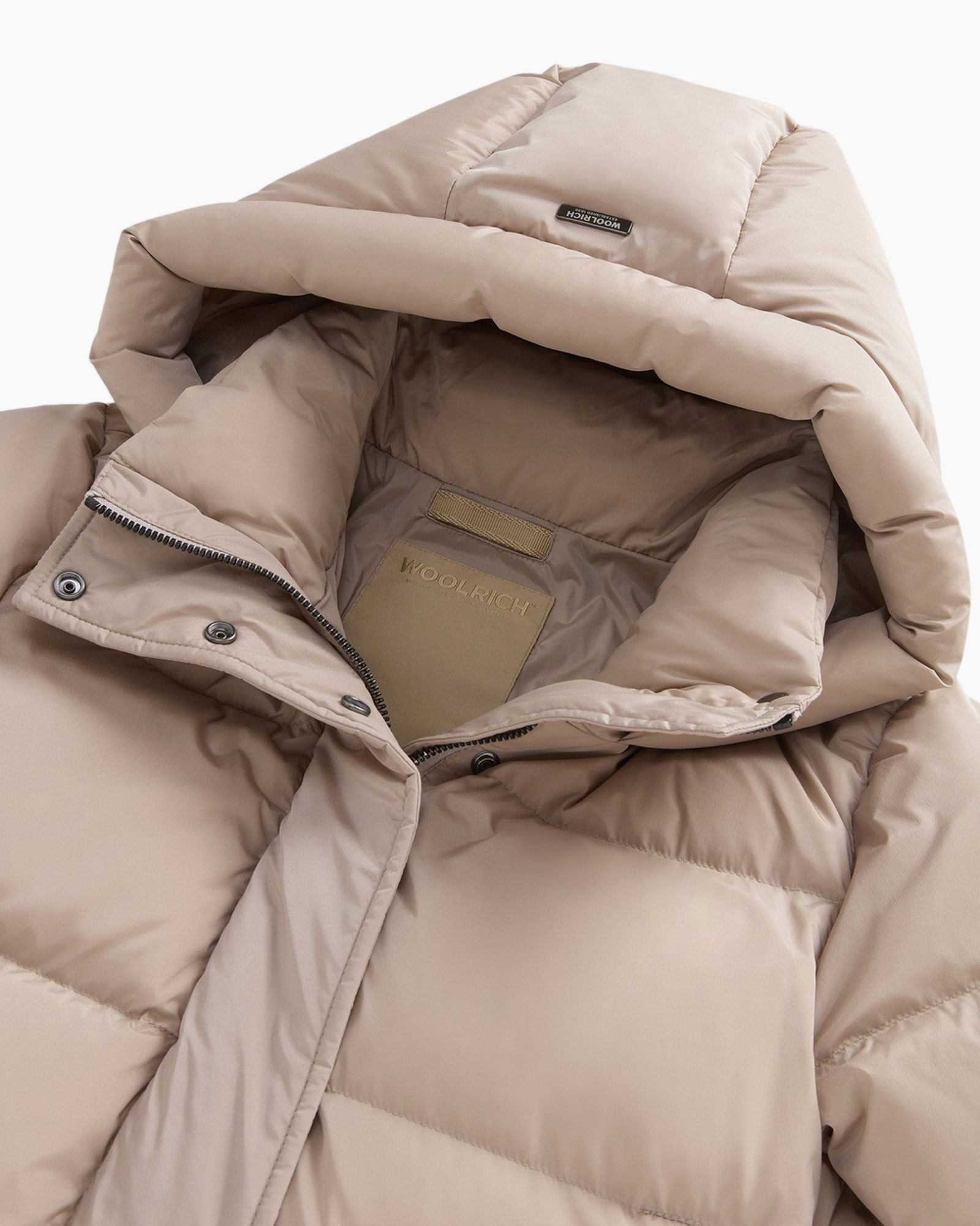 puffer jacket, hooded, beige, down, zipper