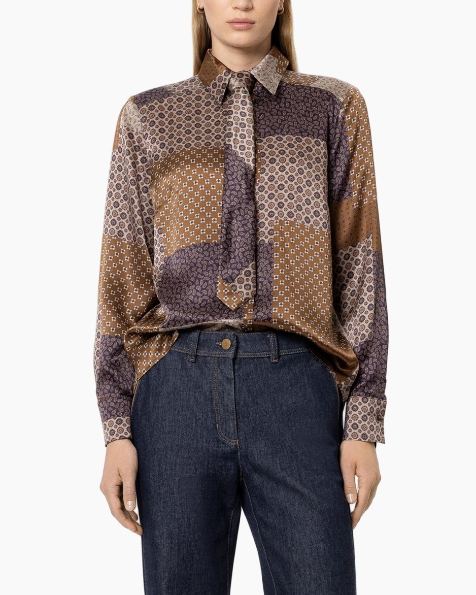 blouse, patchwork, silk, longsleeve, button-down