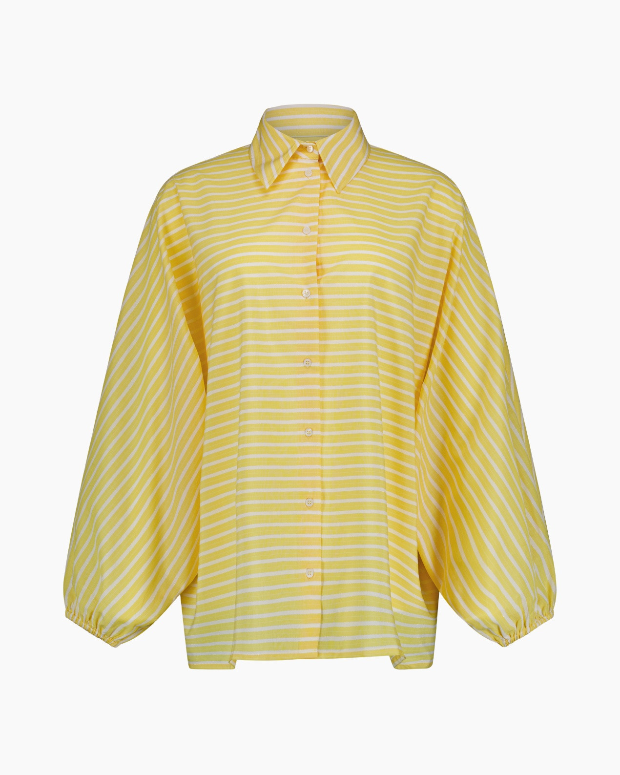 shirt, yellow, striped, button-down, puff-sleeve