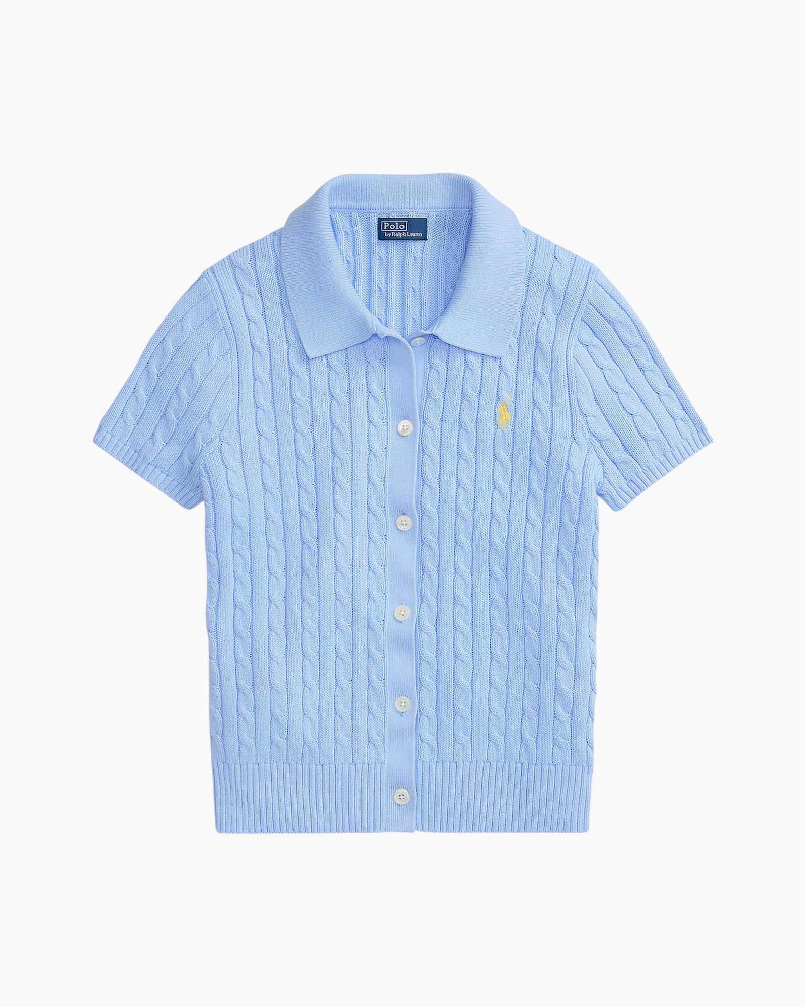 polo shirt, knit vest, short sleeve, light blue, button front