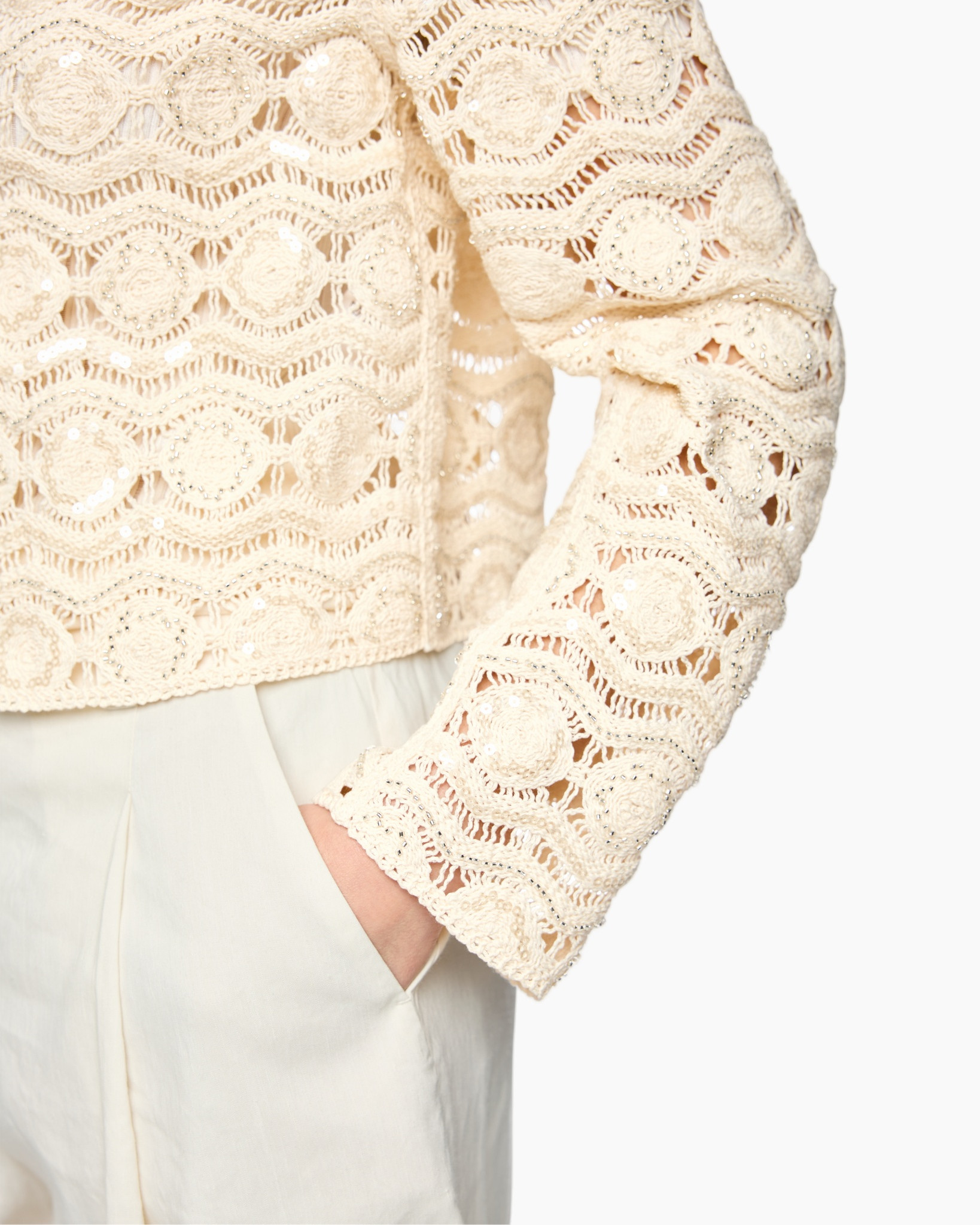 lace, sweater, beige, long-sleeve, crochet