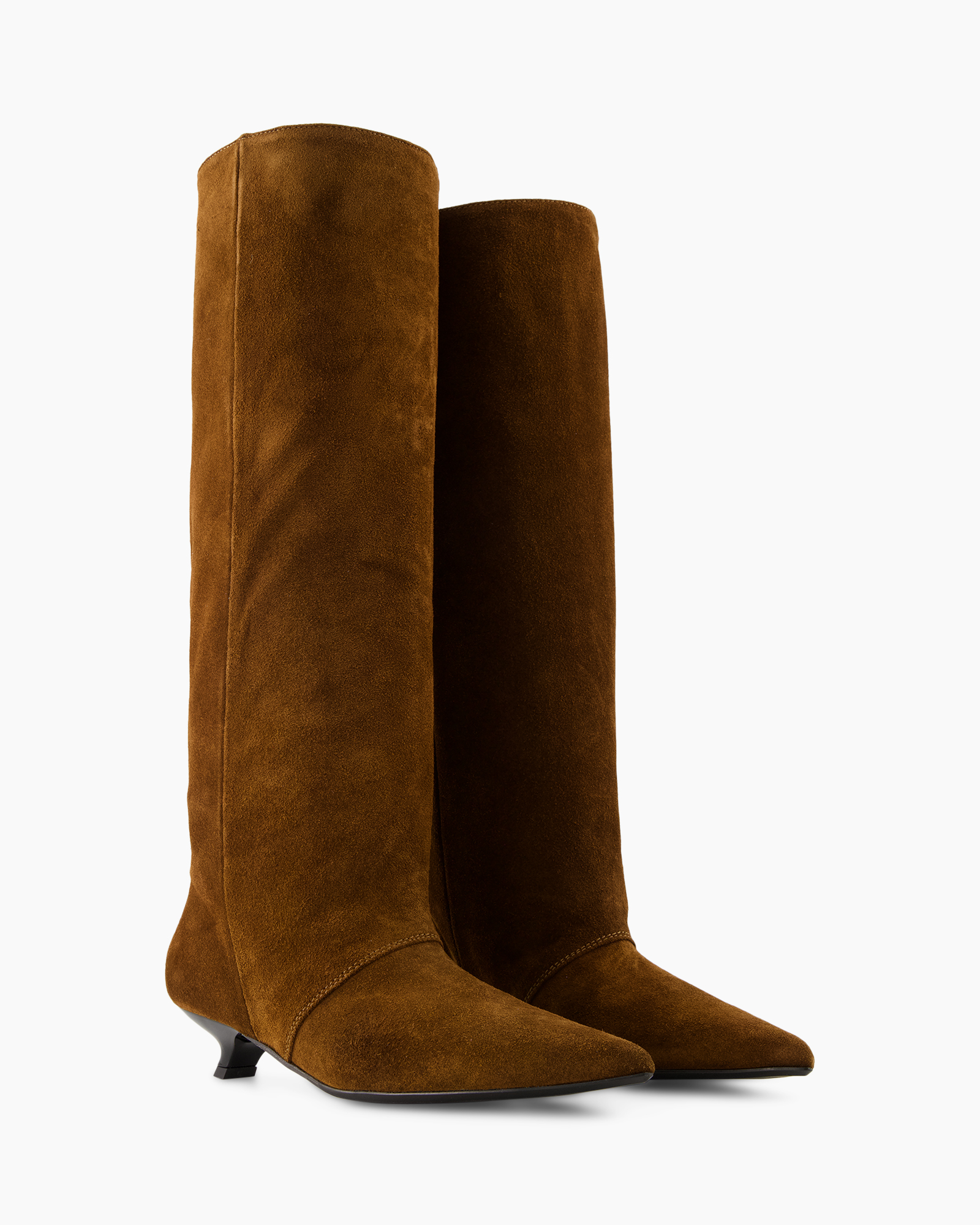 knee-high boots, suede, brown, mid heel, pointed toe