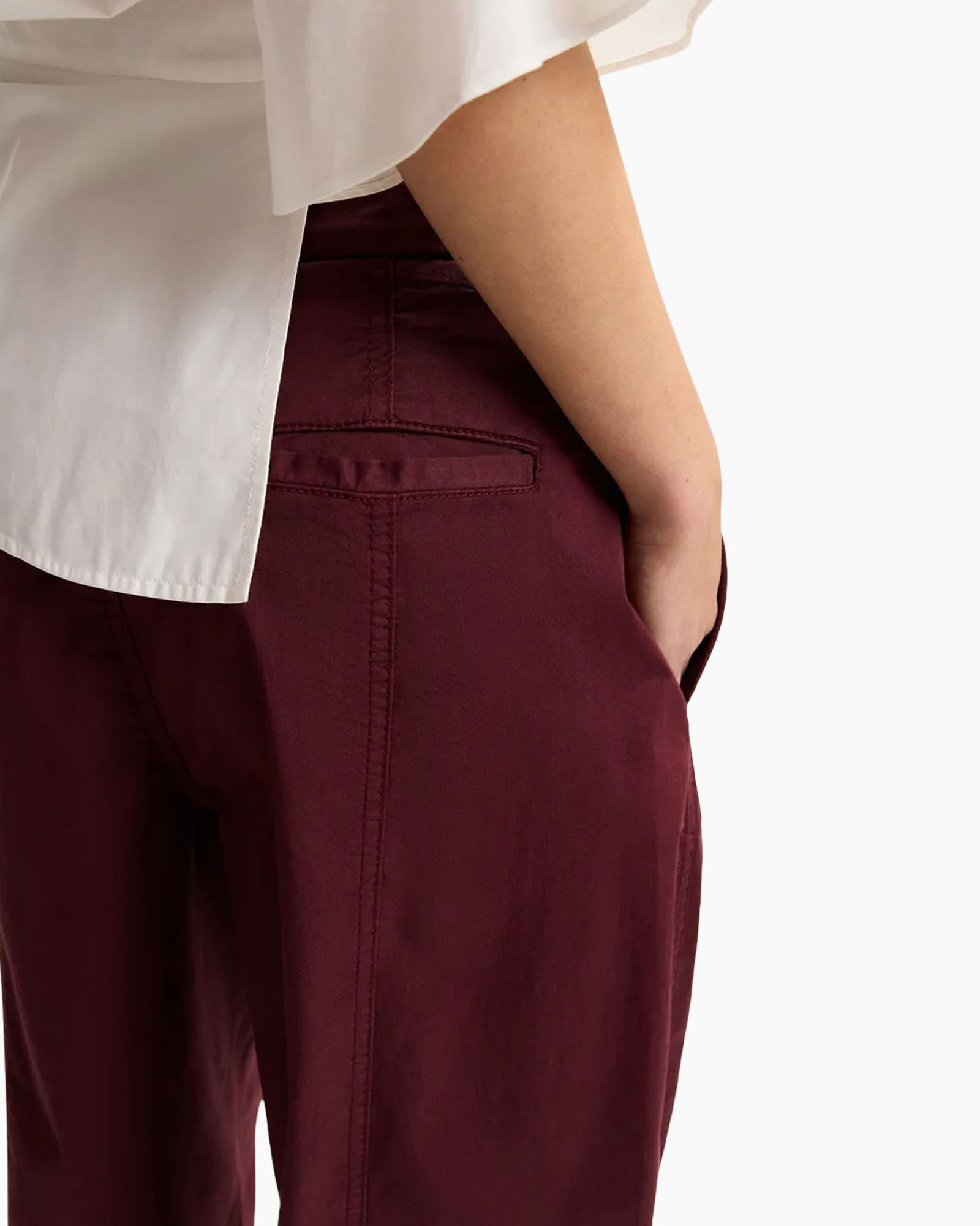 pants, twill, burgundy, back pocket, waist