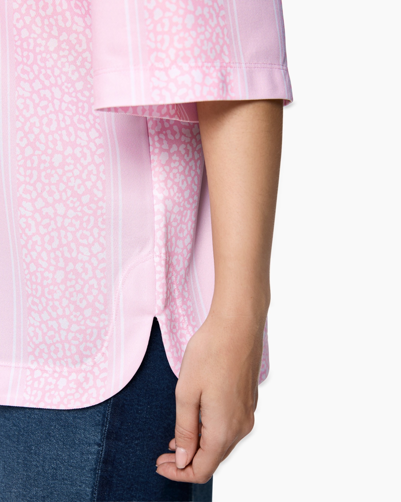 pink, shirt, short sleeve, buttoned hem, patterned