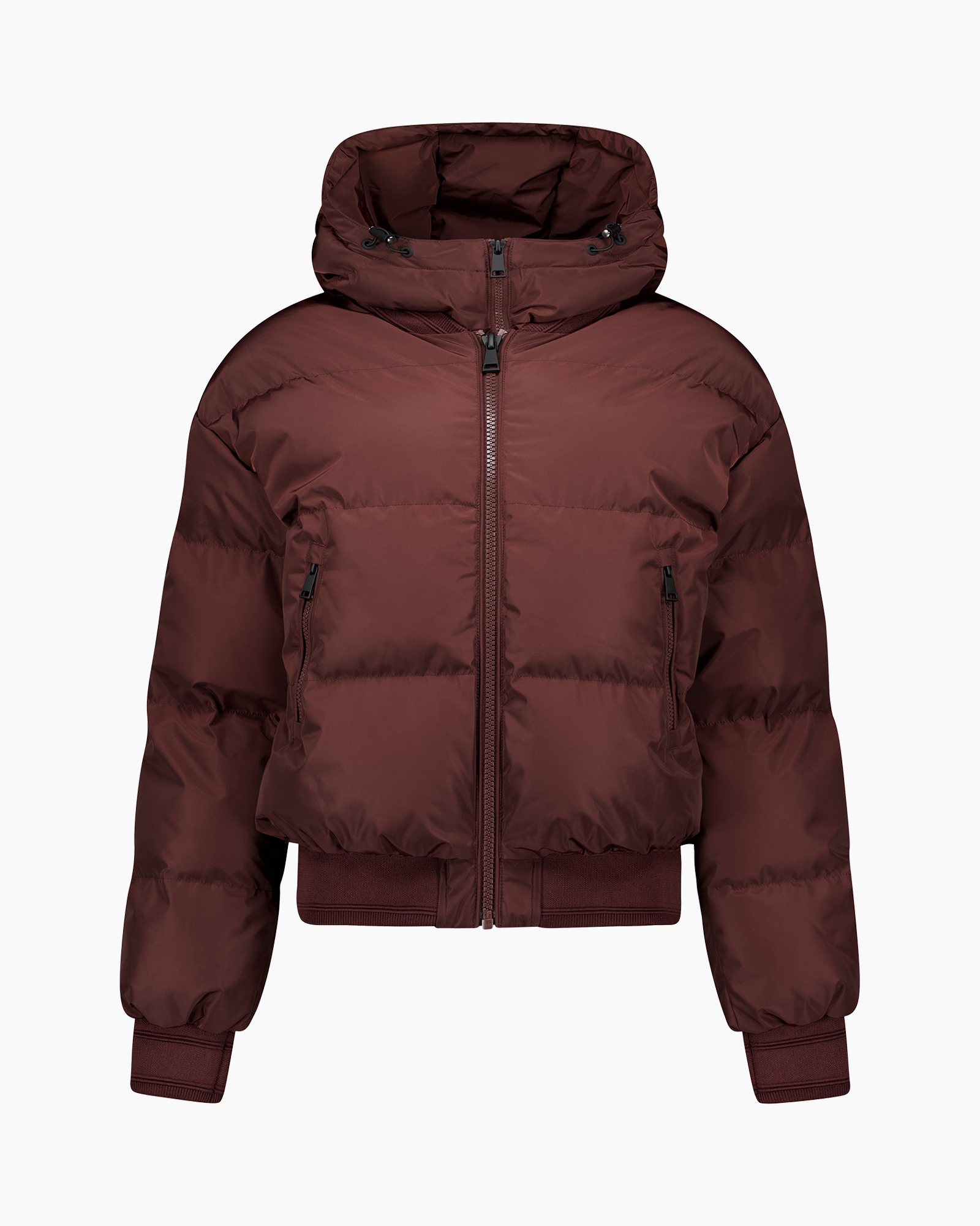 puffer jacket, hooded, burgundy, zip front, padded