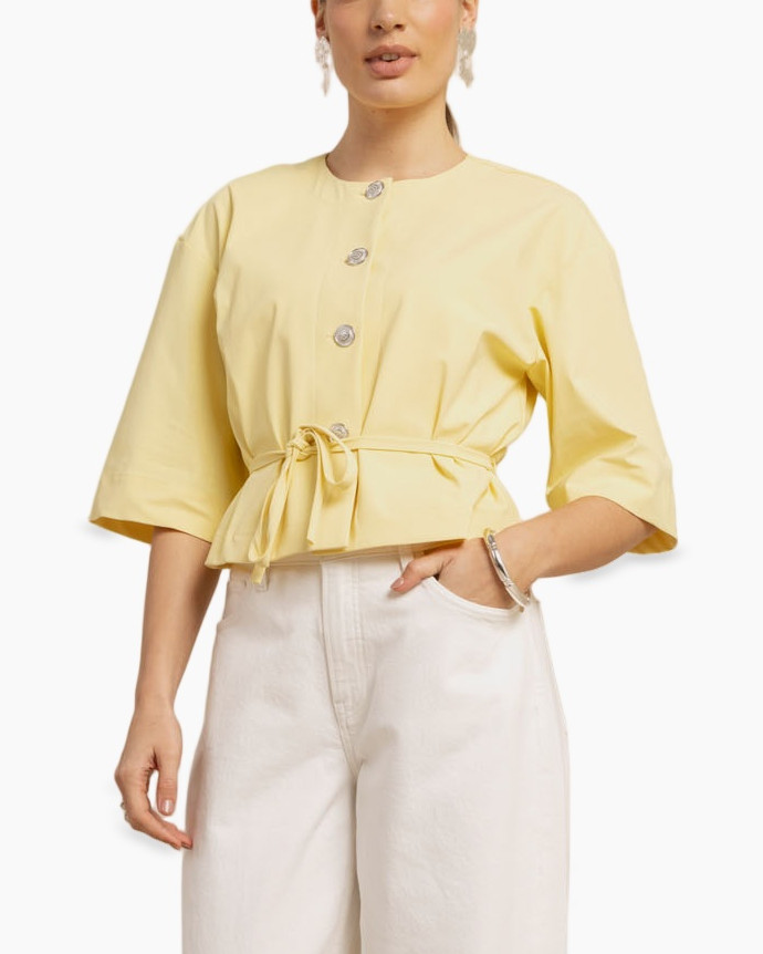 top, short-sleeve, wrap, belt, yellow