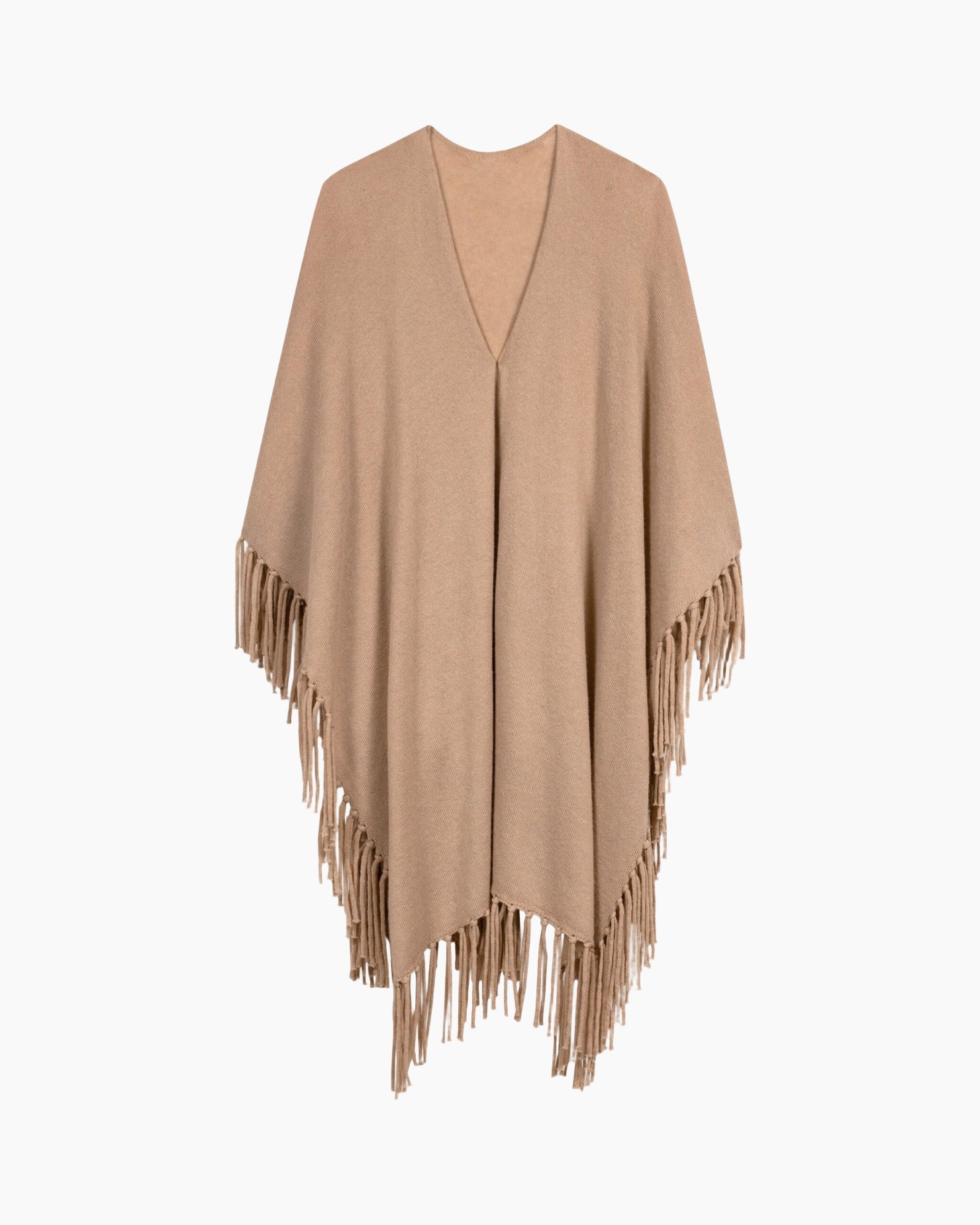 poncho, fringe, beige, knit, open-front