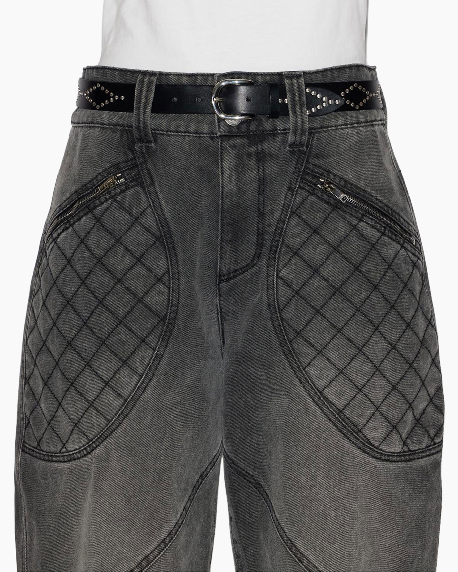 pants, jeans, quilted pockets, dark gray, belted