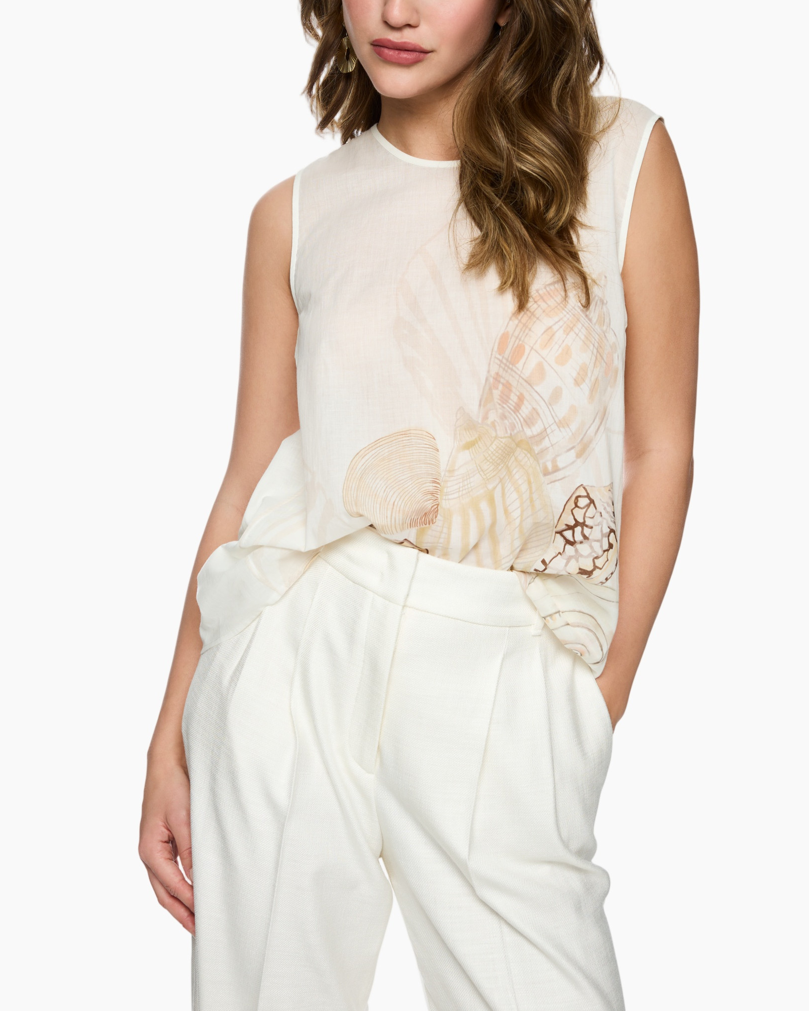 tank top, sleeveless, beige, floral pattern, linen look