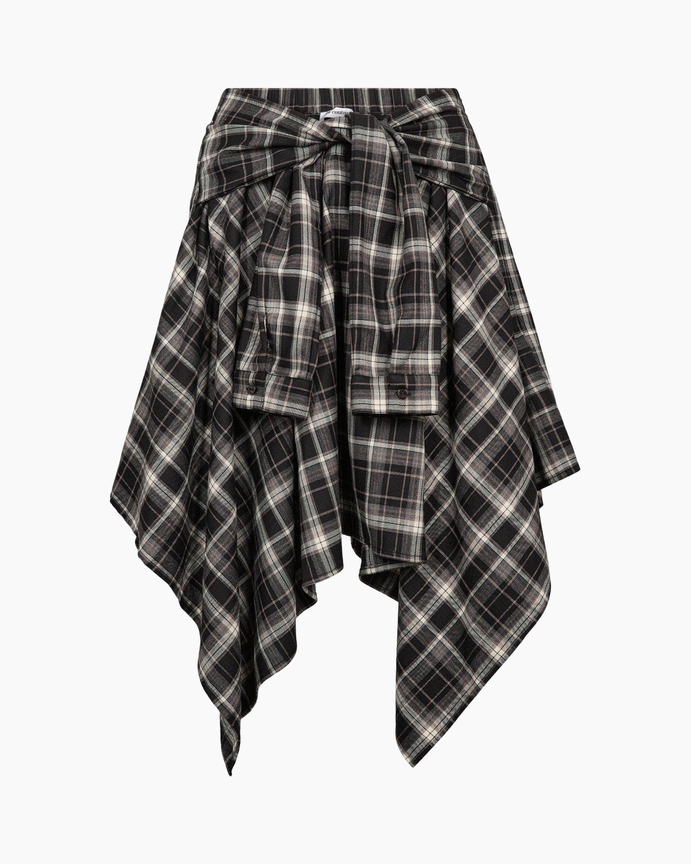 plaid, waist-t belt?, tied-scarf?, wrap-skirt, plaid-pattern, long-orn?