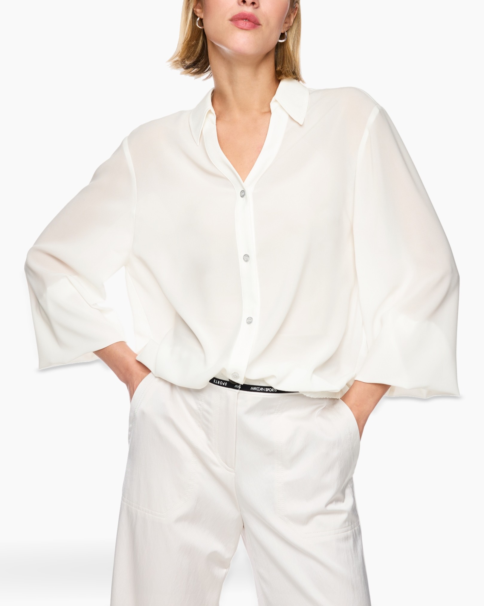 white shirt, button-down, puff sleeves, collared, loose fit