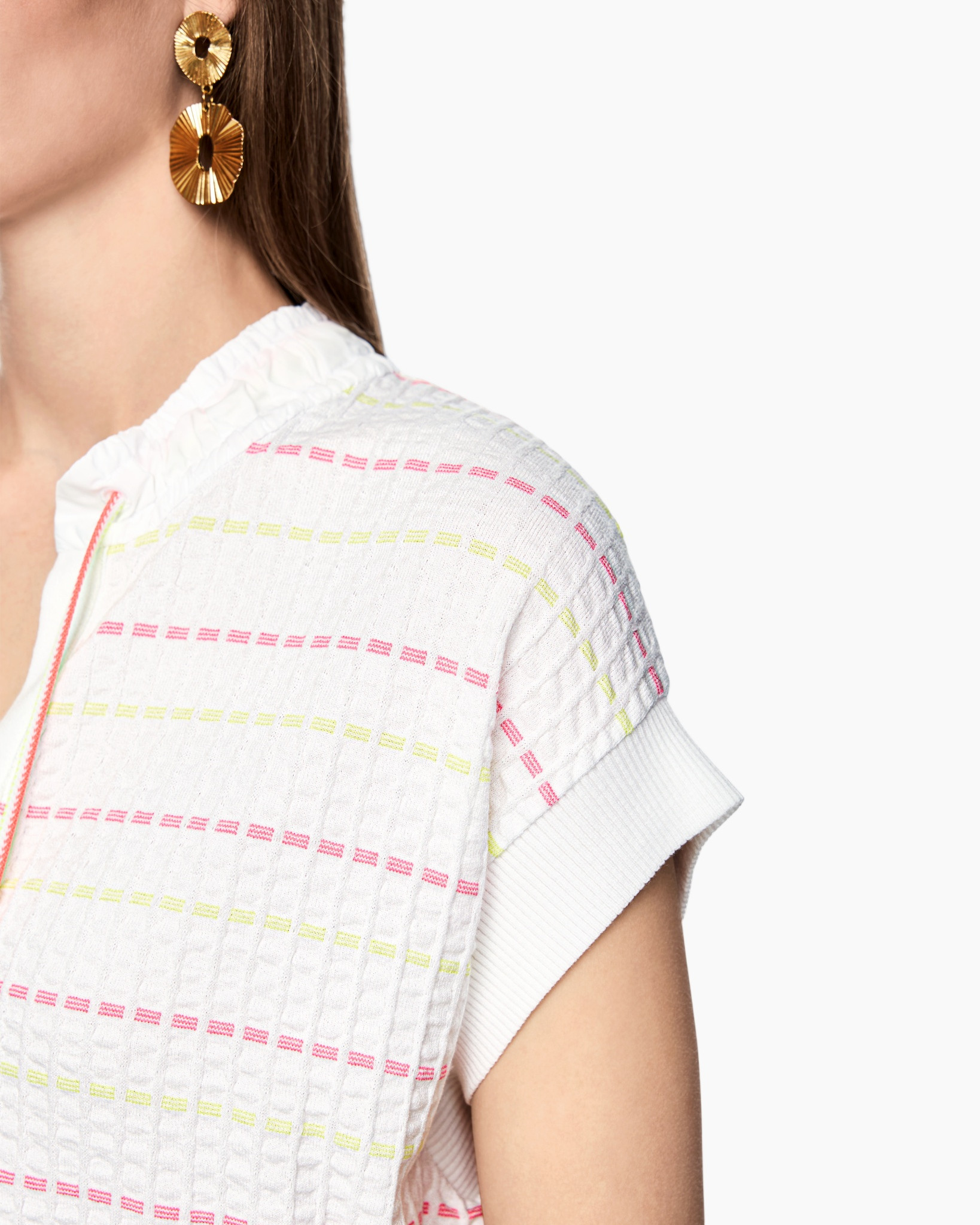 top, knit, white, striped, embellished earrings