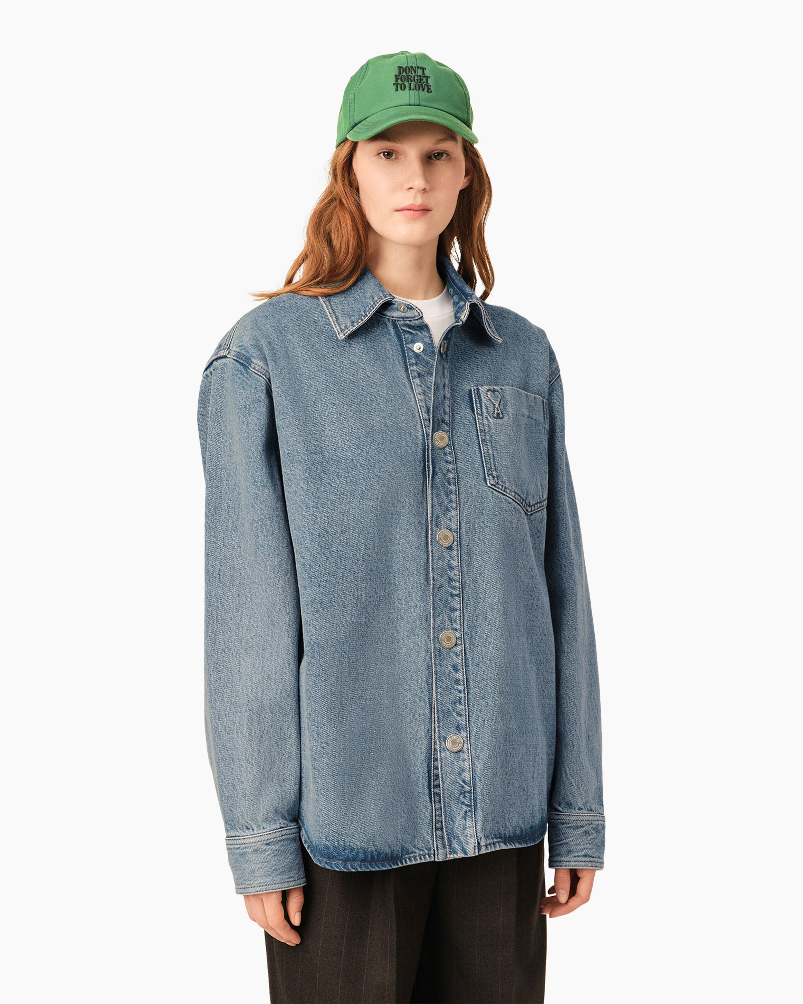 denim shirt, denim jacket, buttoned shirt, green cap, pocket detail