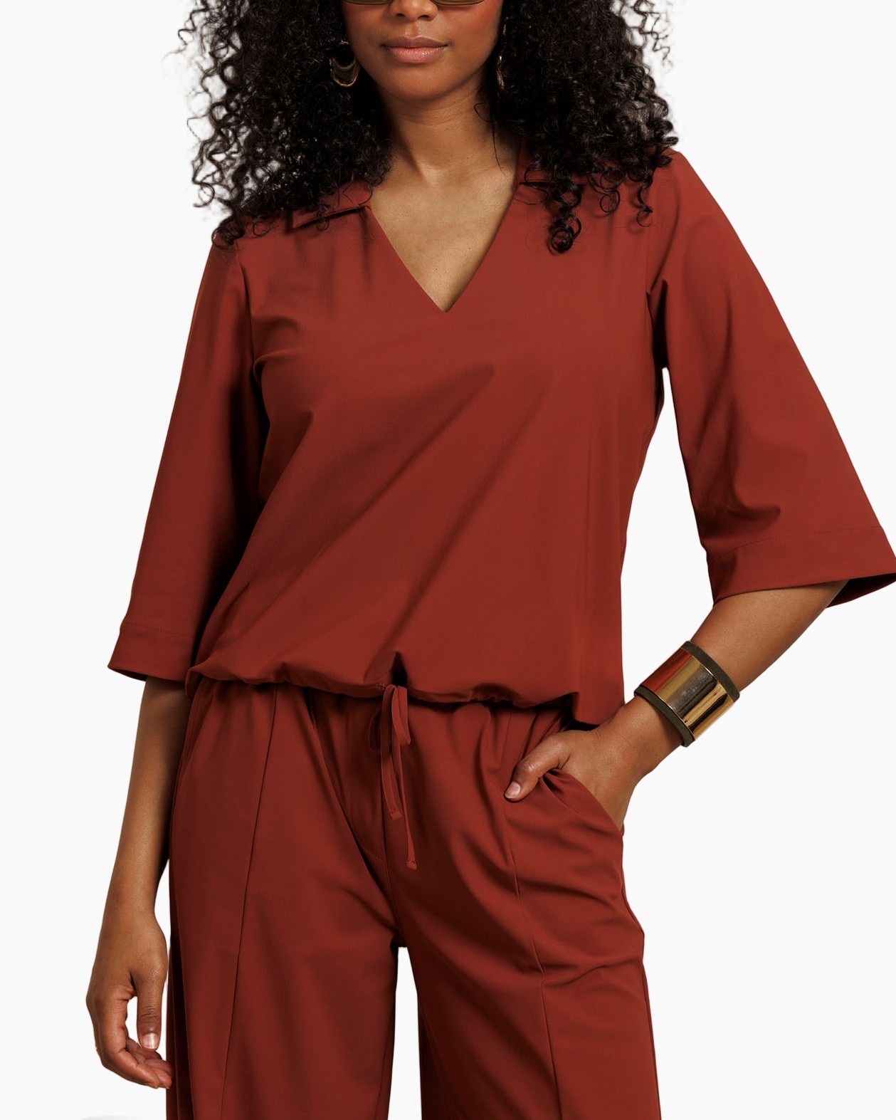 top, jumpsuit, pants, rust, 3/4-sleeve