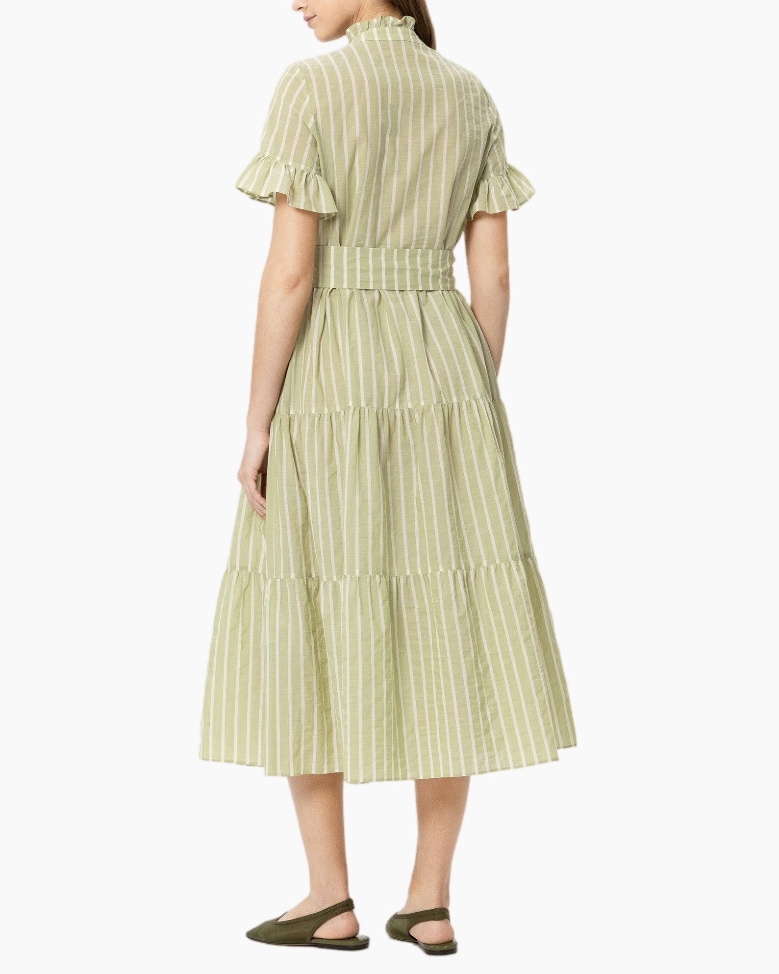 dress, linen, green, striped, mid-length