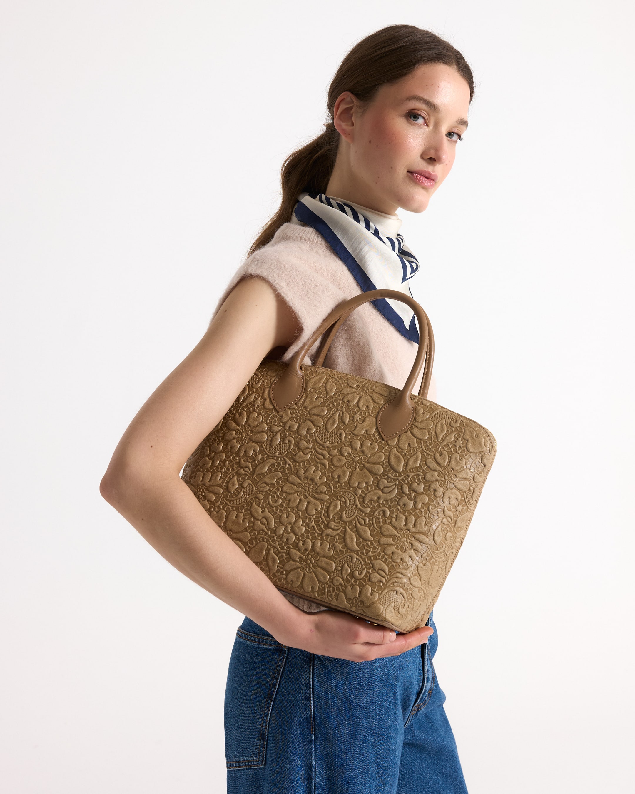 tote bag, textured bag, tan, floral pattern, leather look