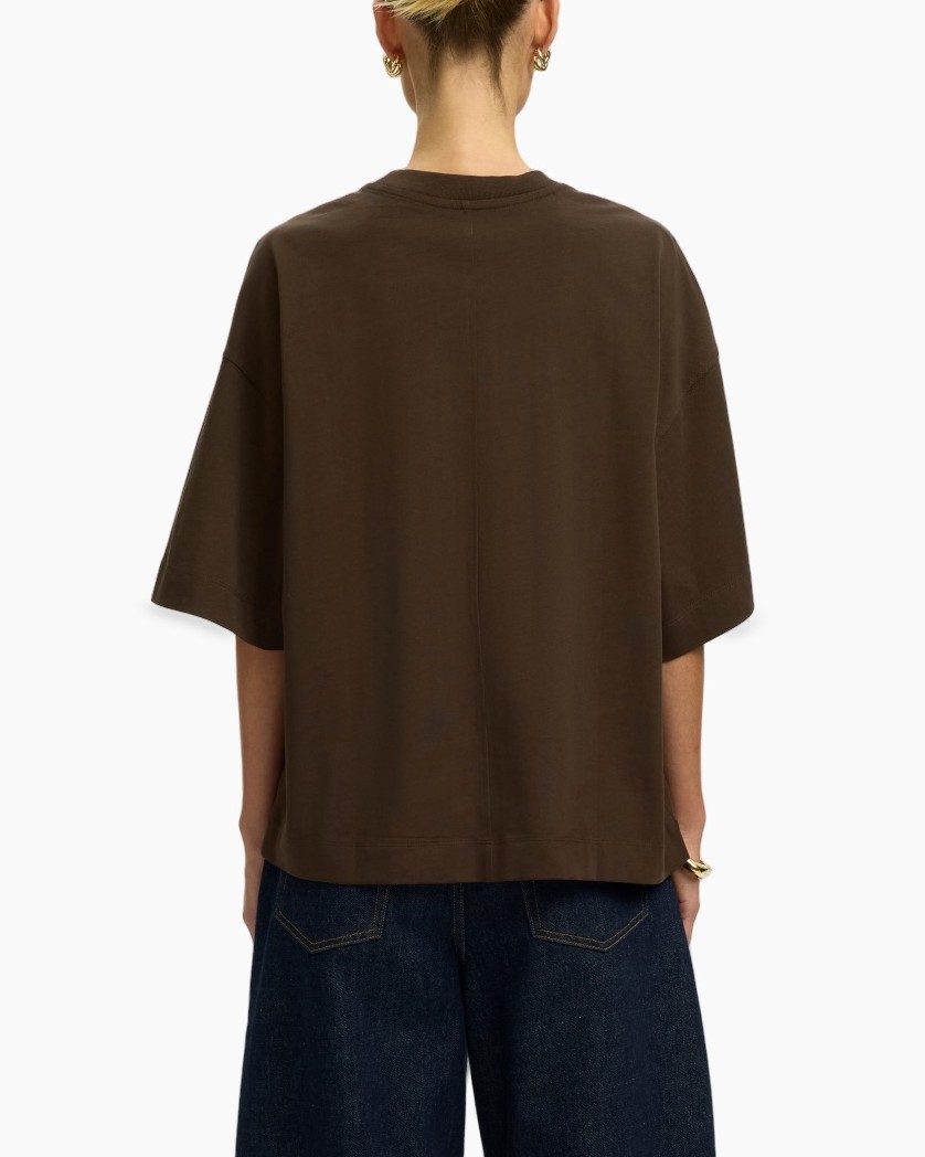 t-shirt, short-sleeve, brown, loose fit, back view