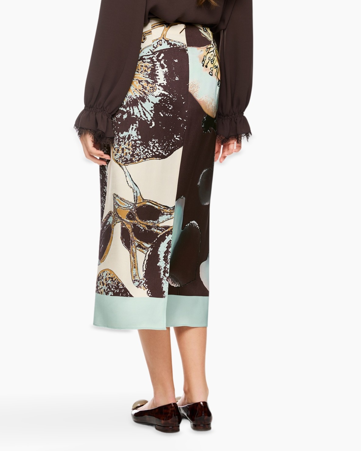 skirt, midi, print, colorblock, slipon shoes