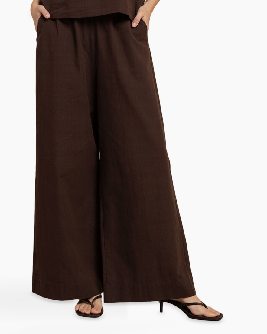 pants, wide-leg, drawstring, brown, linen?