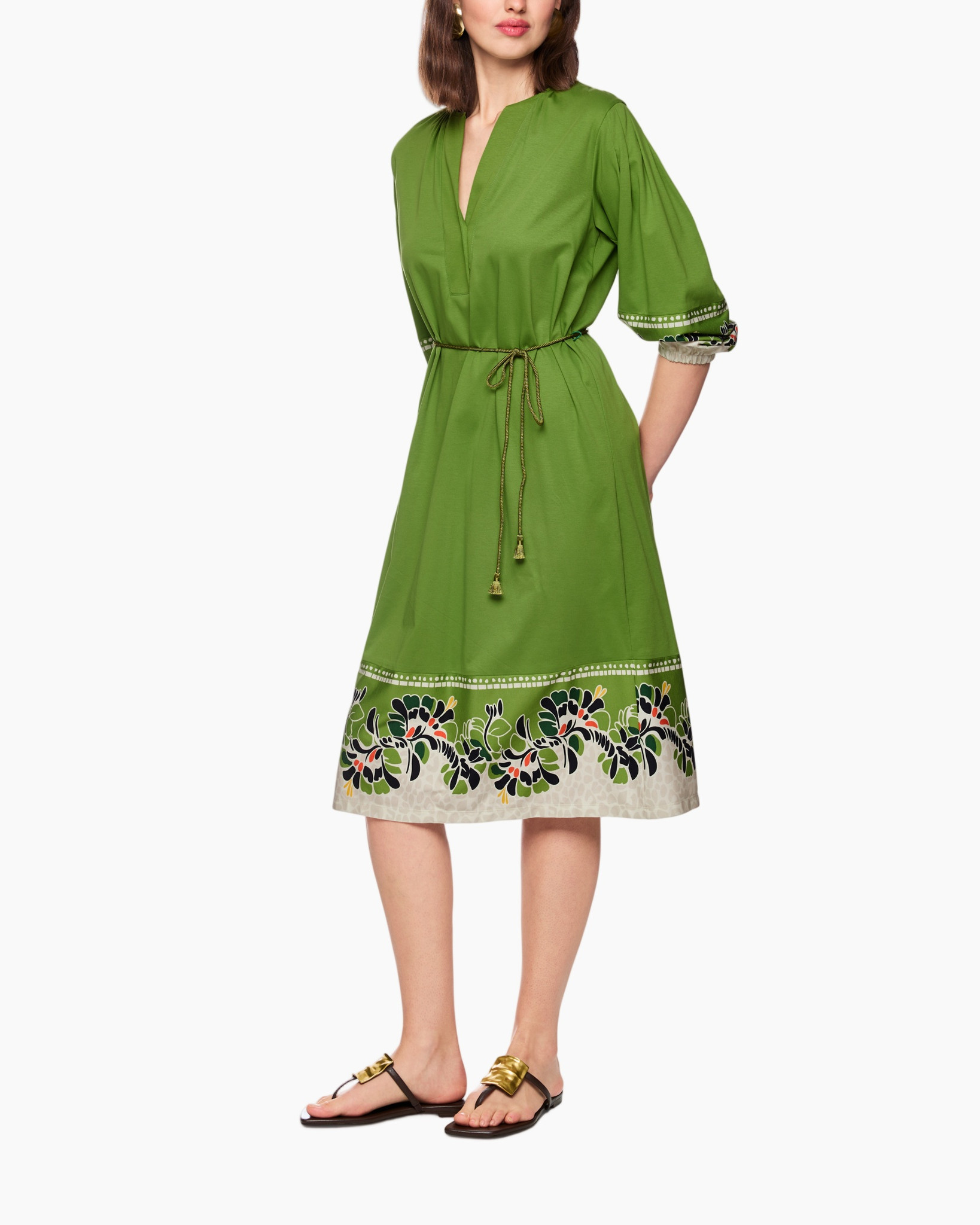 green dress, knee-length, embellished border, tie waist, short sleeve