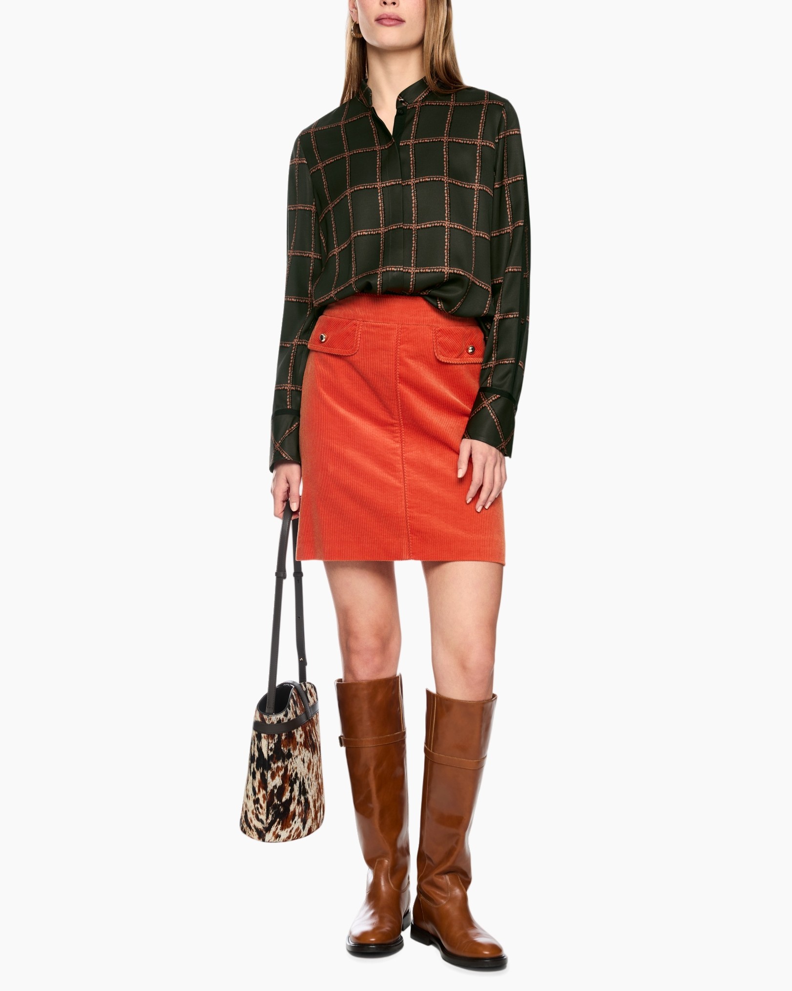 blouse, plaid, long sleeve, orange skirt, knee-high boots