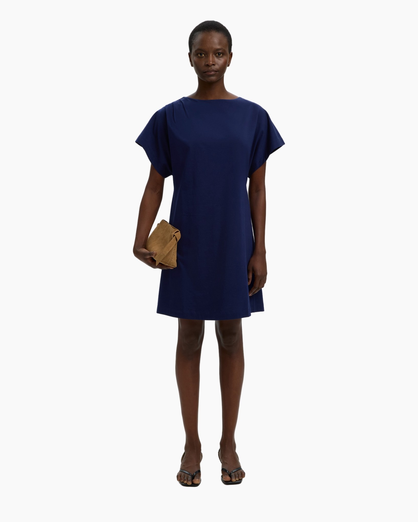 dress, short sleeve, blue, knee-length, clutch