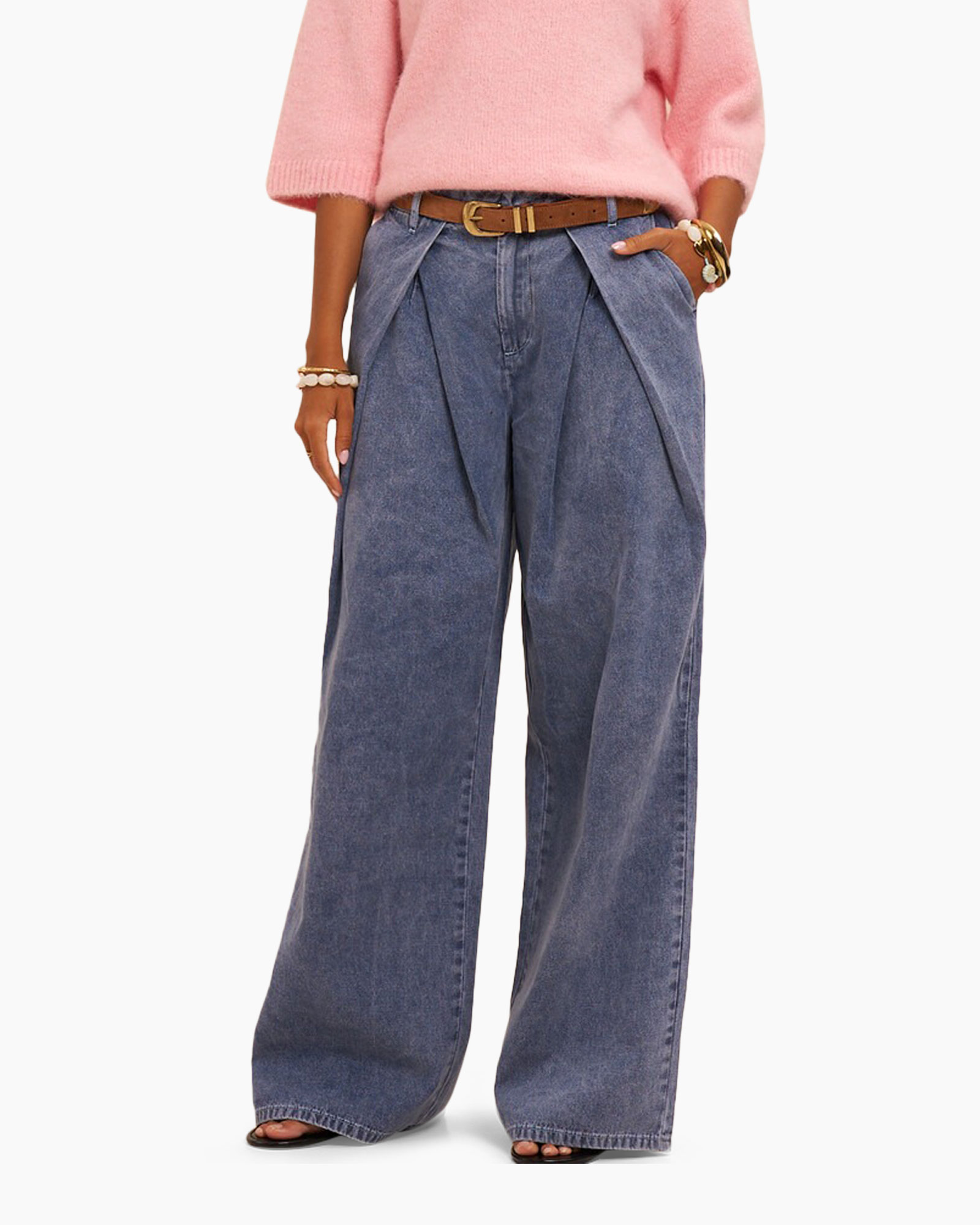 wide-leg jeans, denim, trouser, pleated, belted