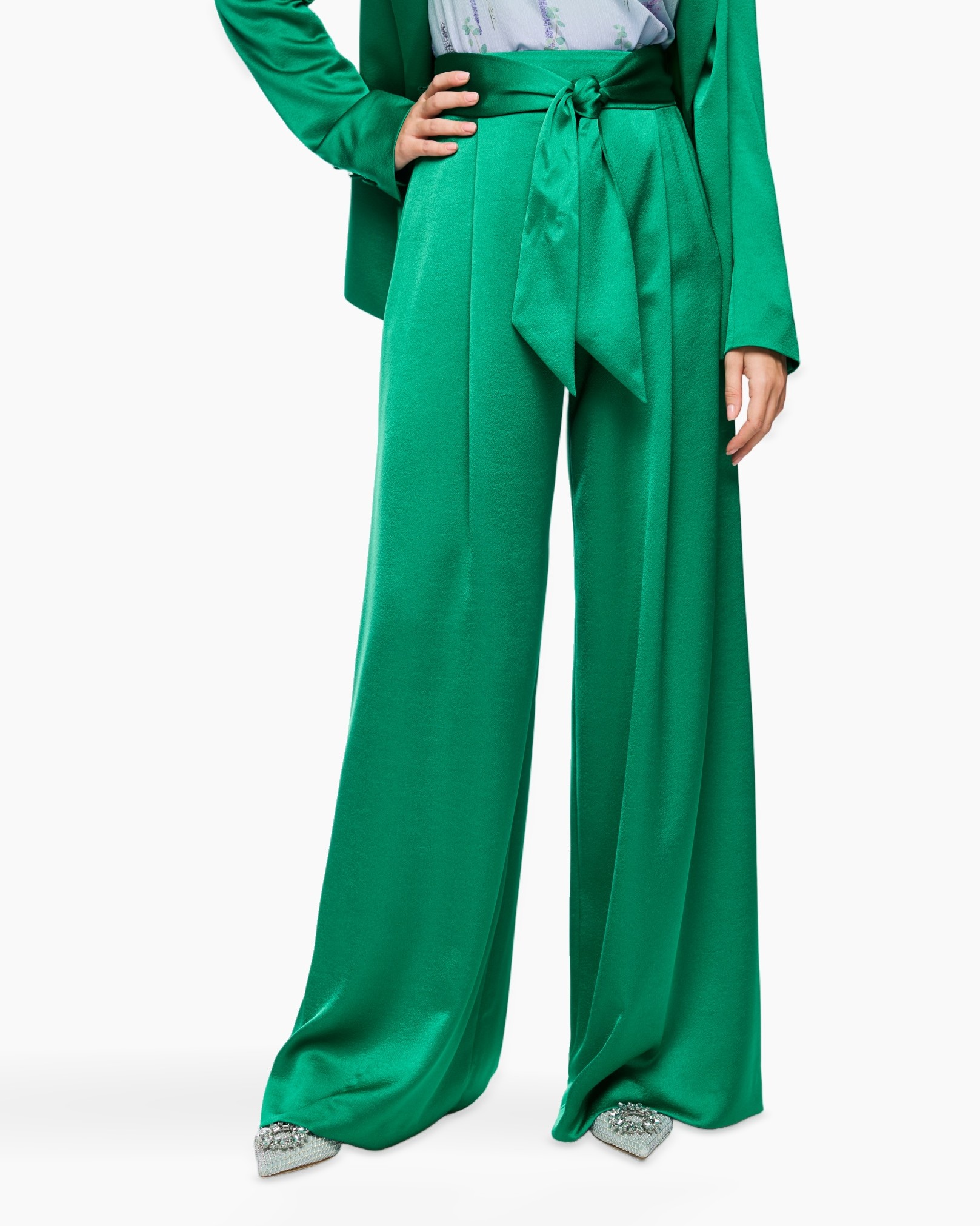 green, pants, wide-leg, belt, silk-like