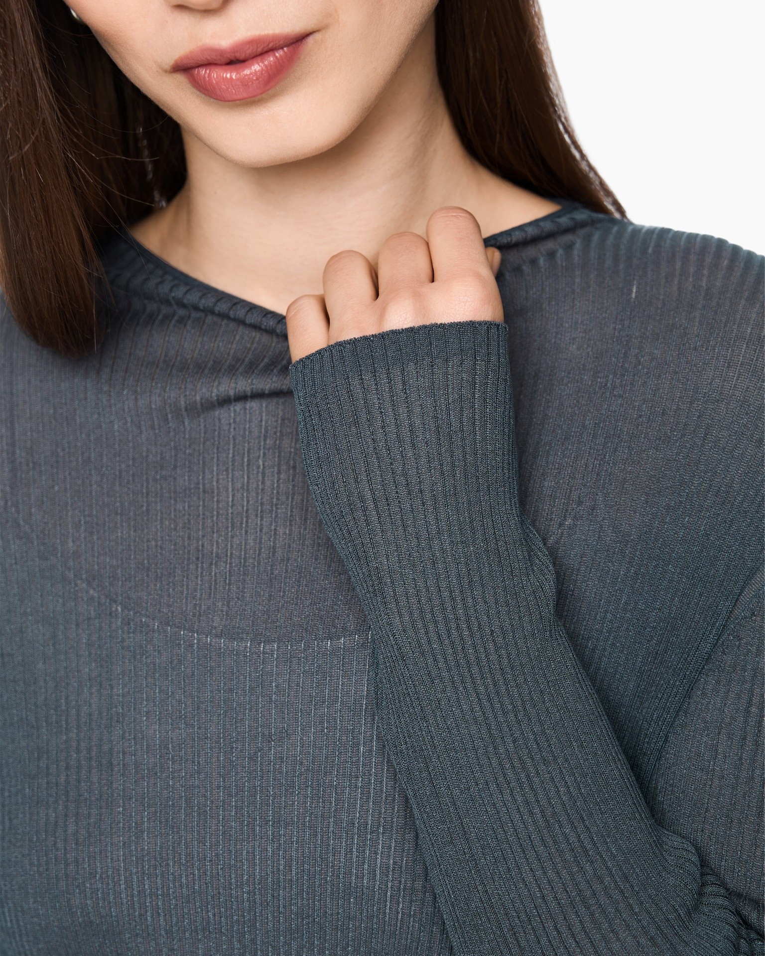 sweater, ribbed, long sleeve, dark gray, crew neck
