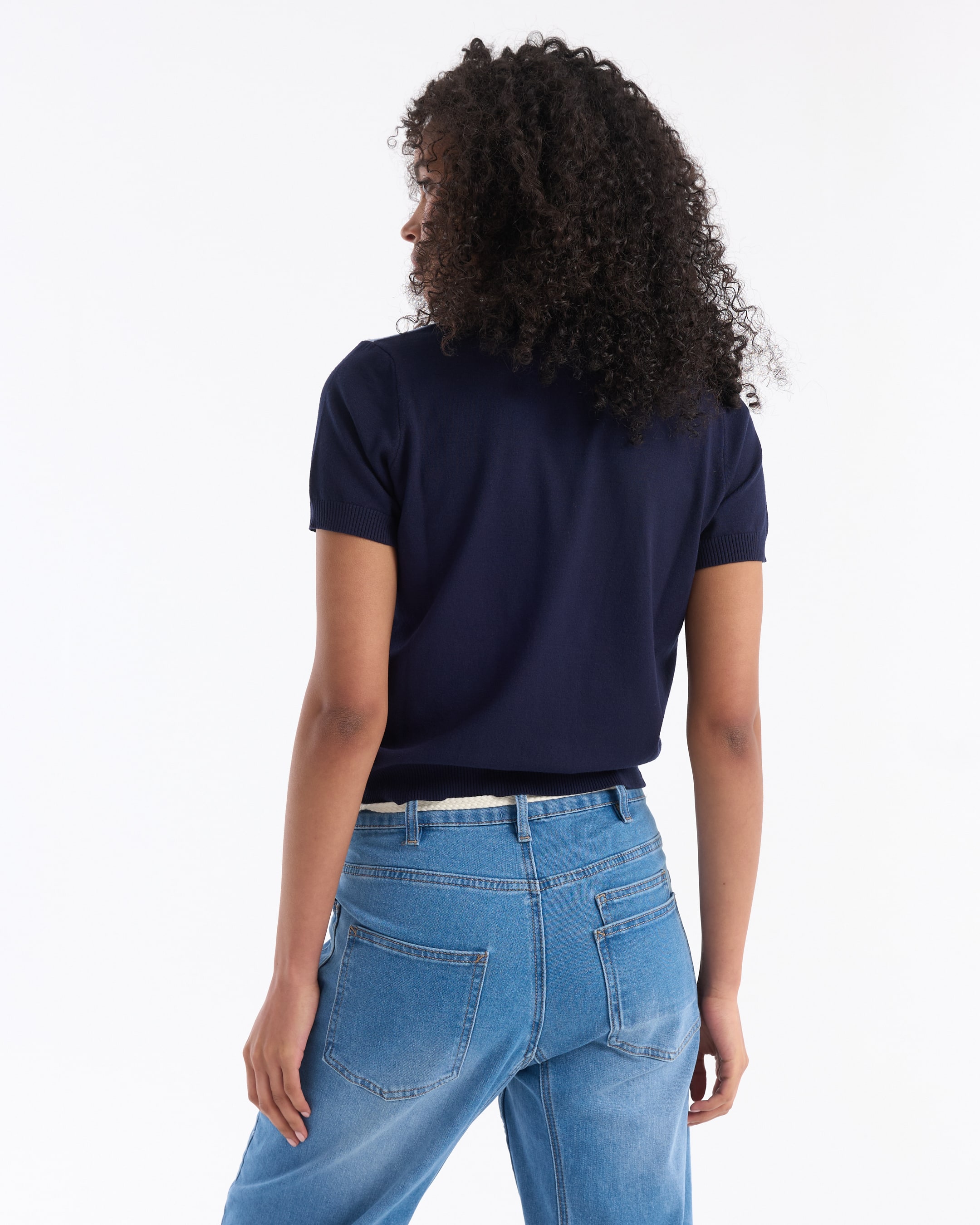 top, navy, short-sleeve, knit, blue jeans