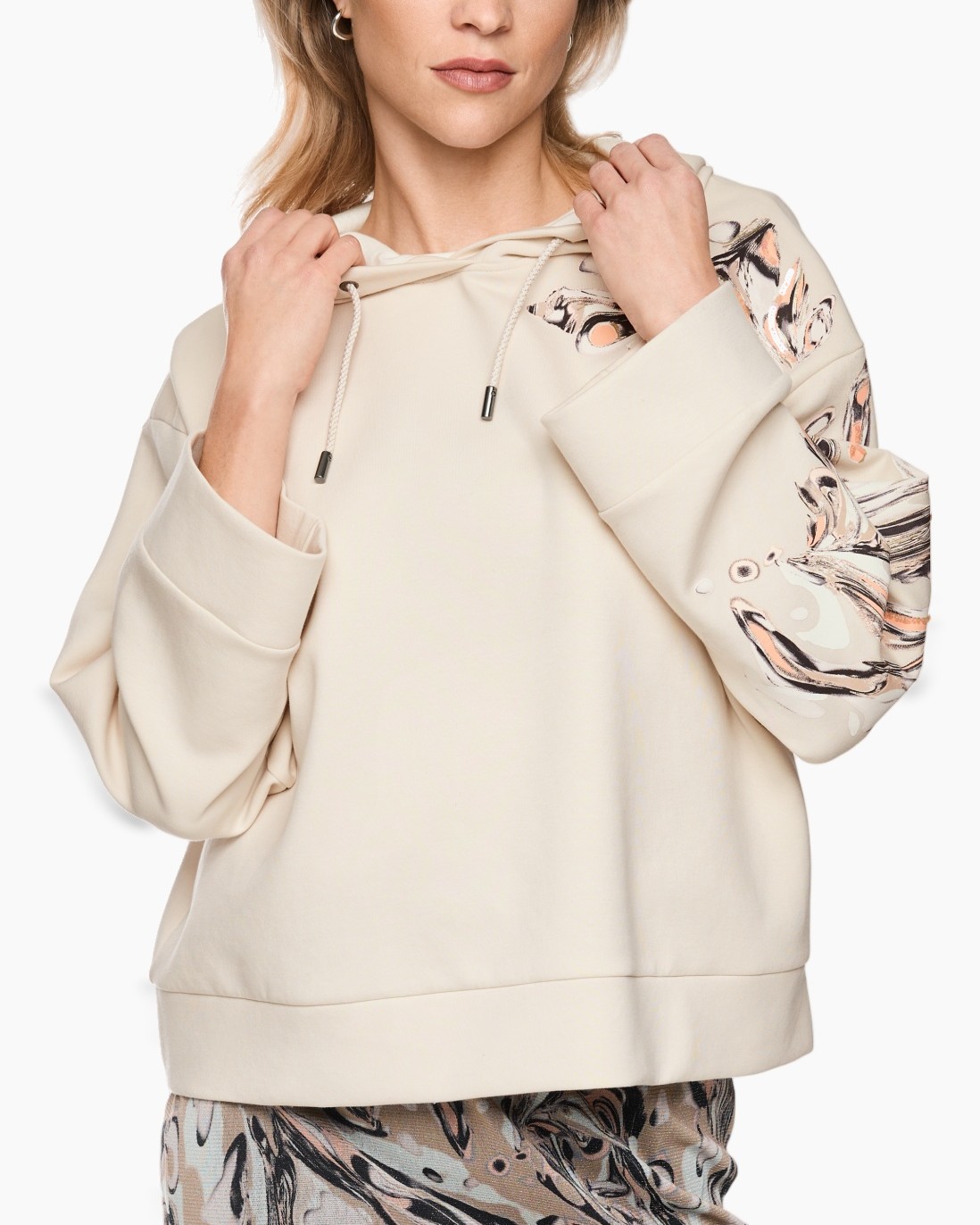 hoodie, sweatshirt, beige, drawstring, graphic-sleeve