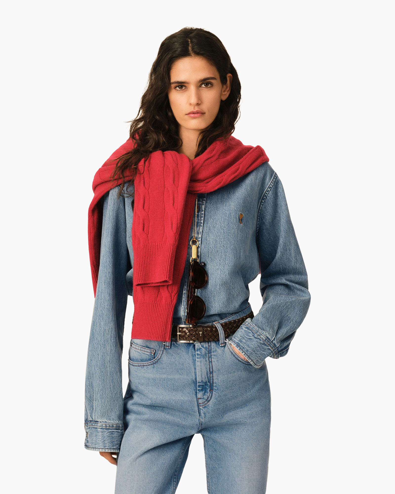 denim jacket, denim jeans, scarf, belt, sunglasses