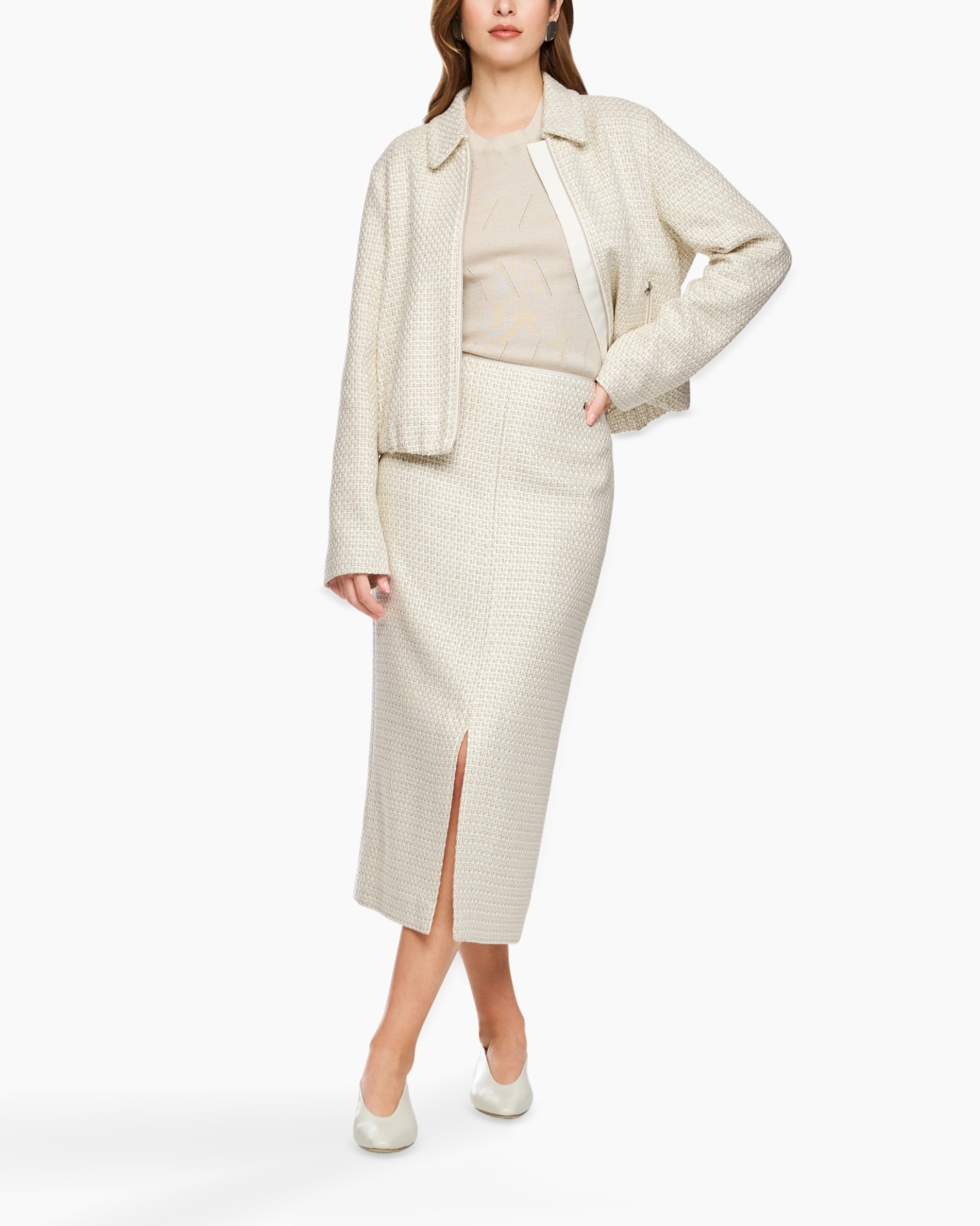 skirt, mid-length, slit, tweed, jacket-set