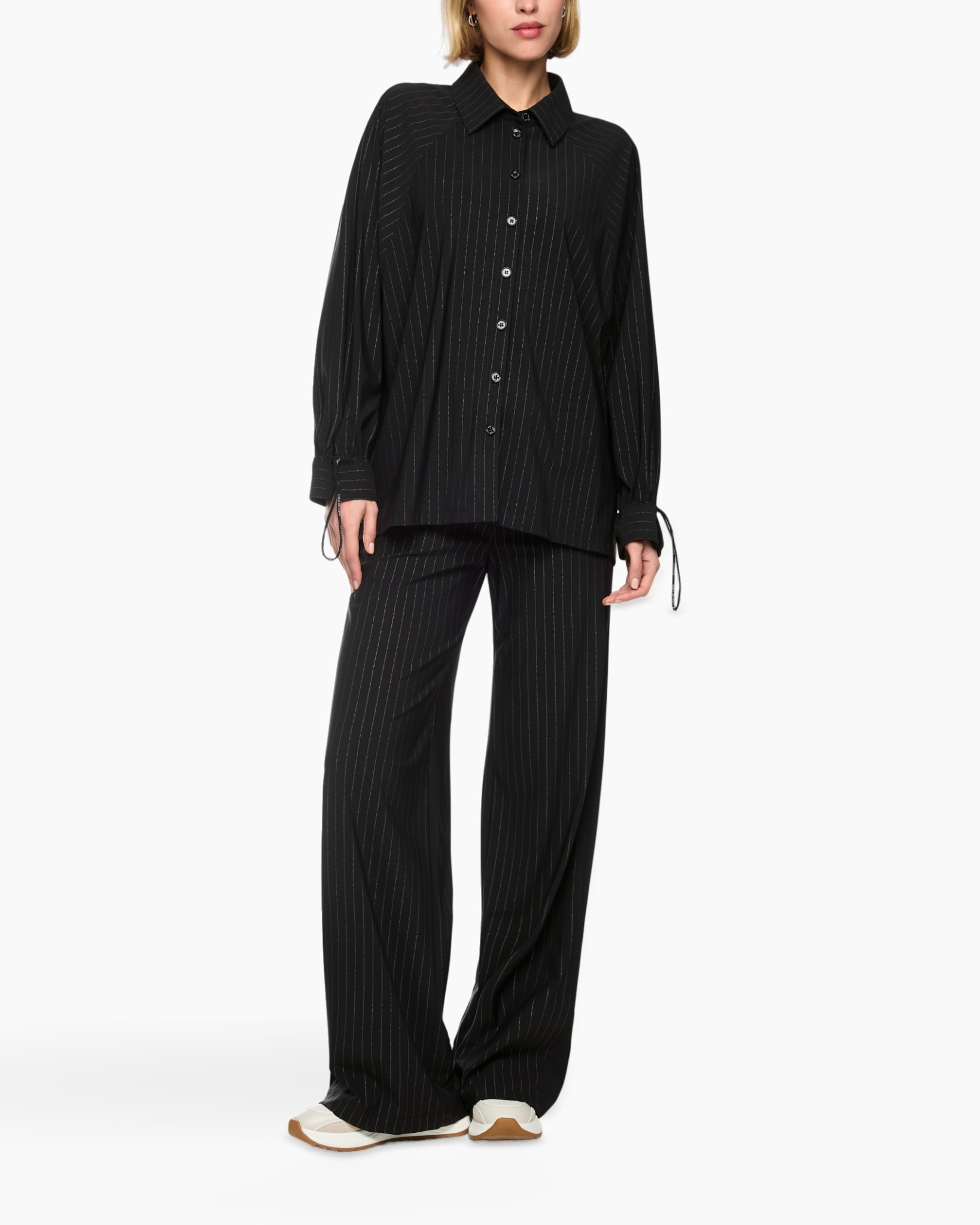 black pinstripe shirt, pinstripe pants, oversized blouse, workwear set, long sleeve shirt