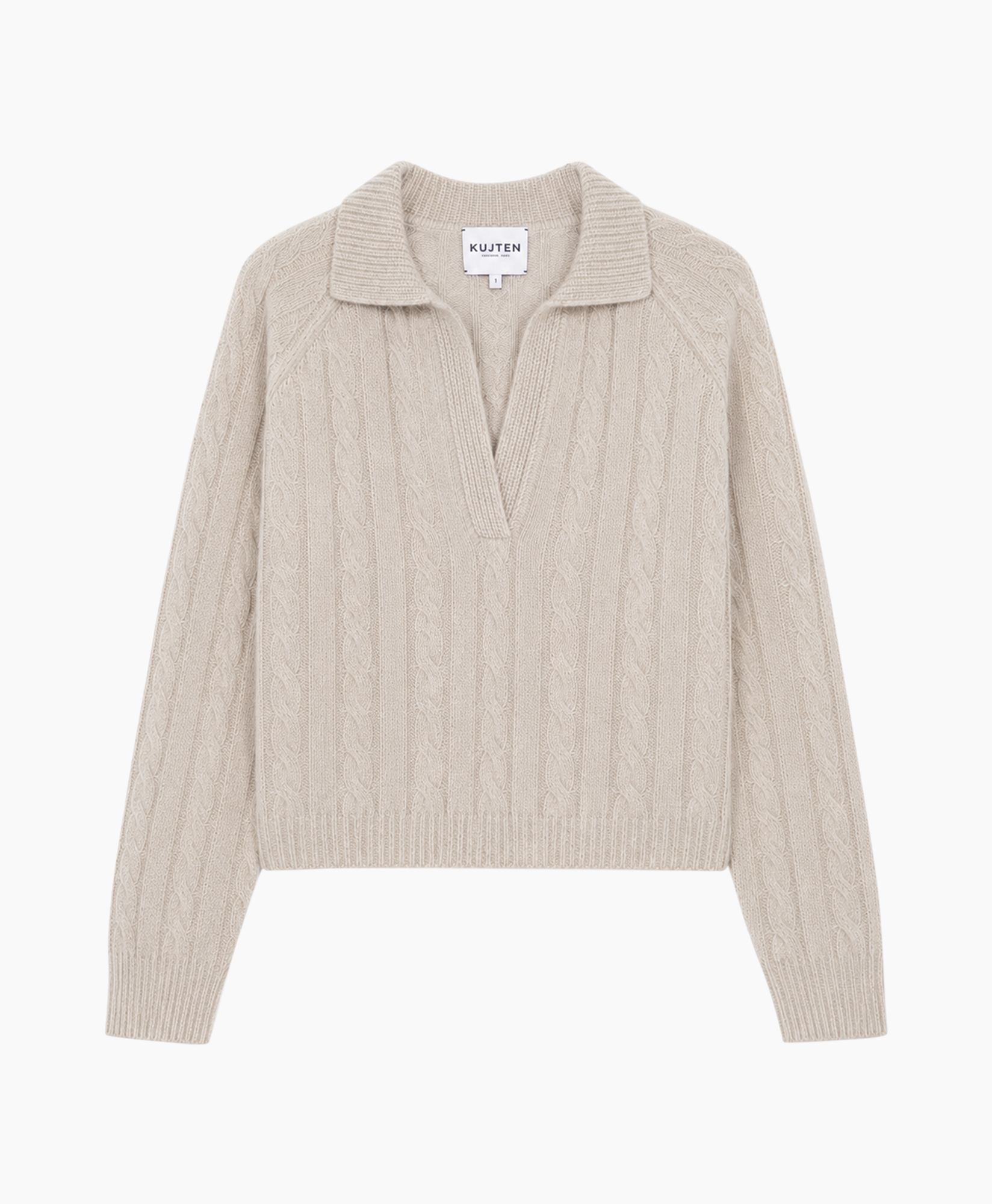 knit sweater, cable knit, beige, collared, pullover