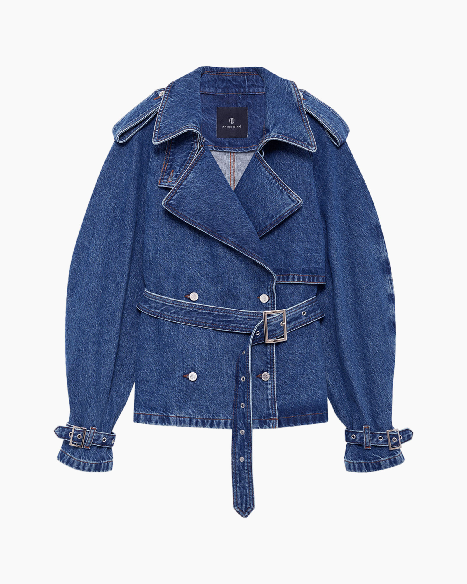 denim, jacket, blue, belted, double-breasted