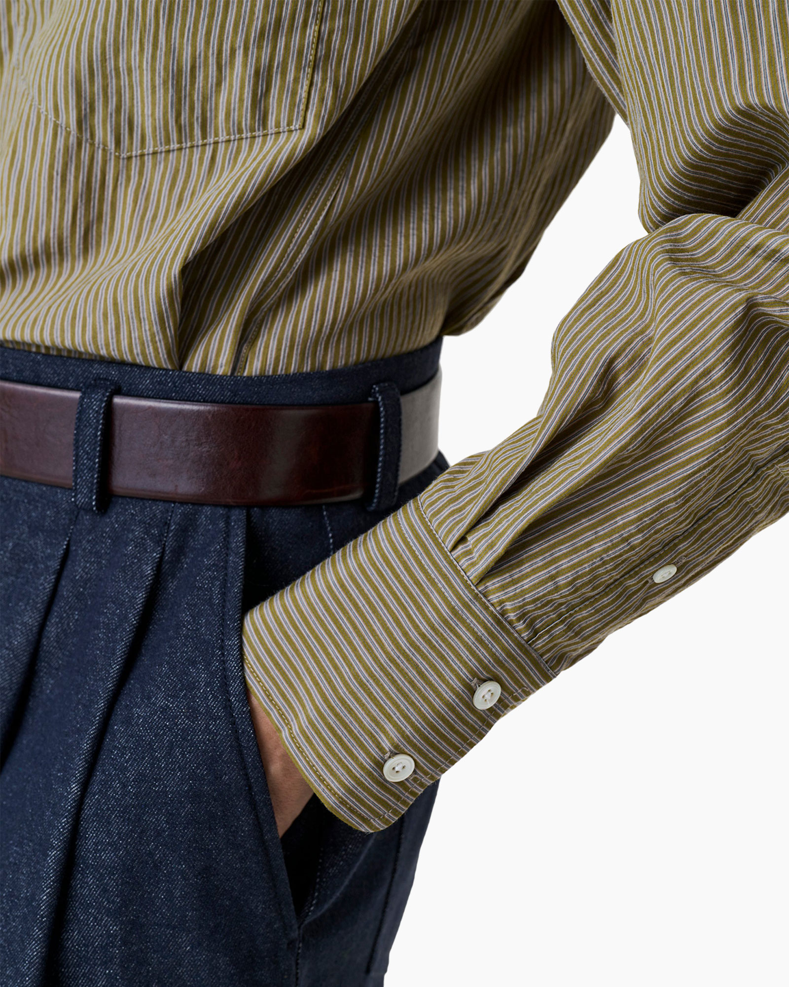 striped shirt, button cuff, long sleeve, yellow green, waist belt