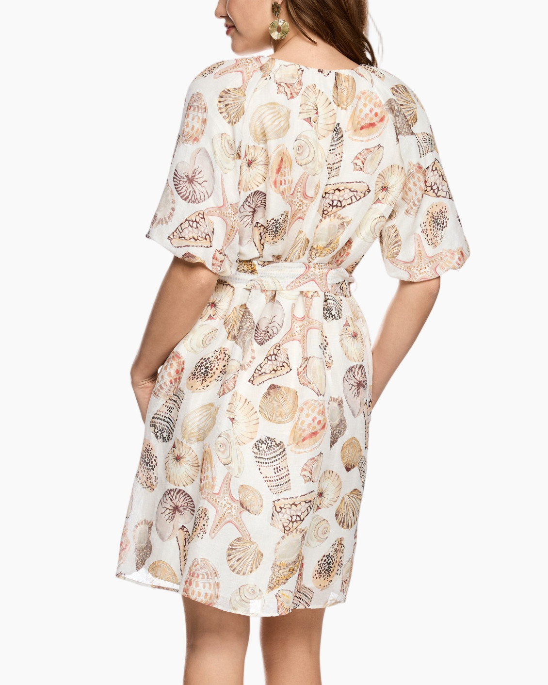 dress, printed, shell pattern, waist belt, short sleeves