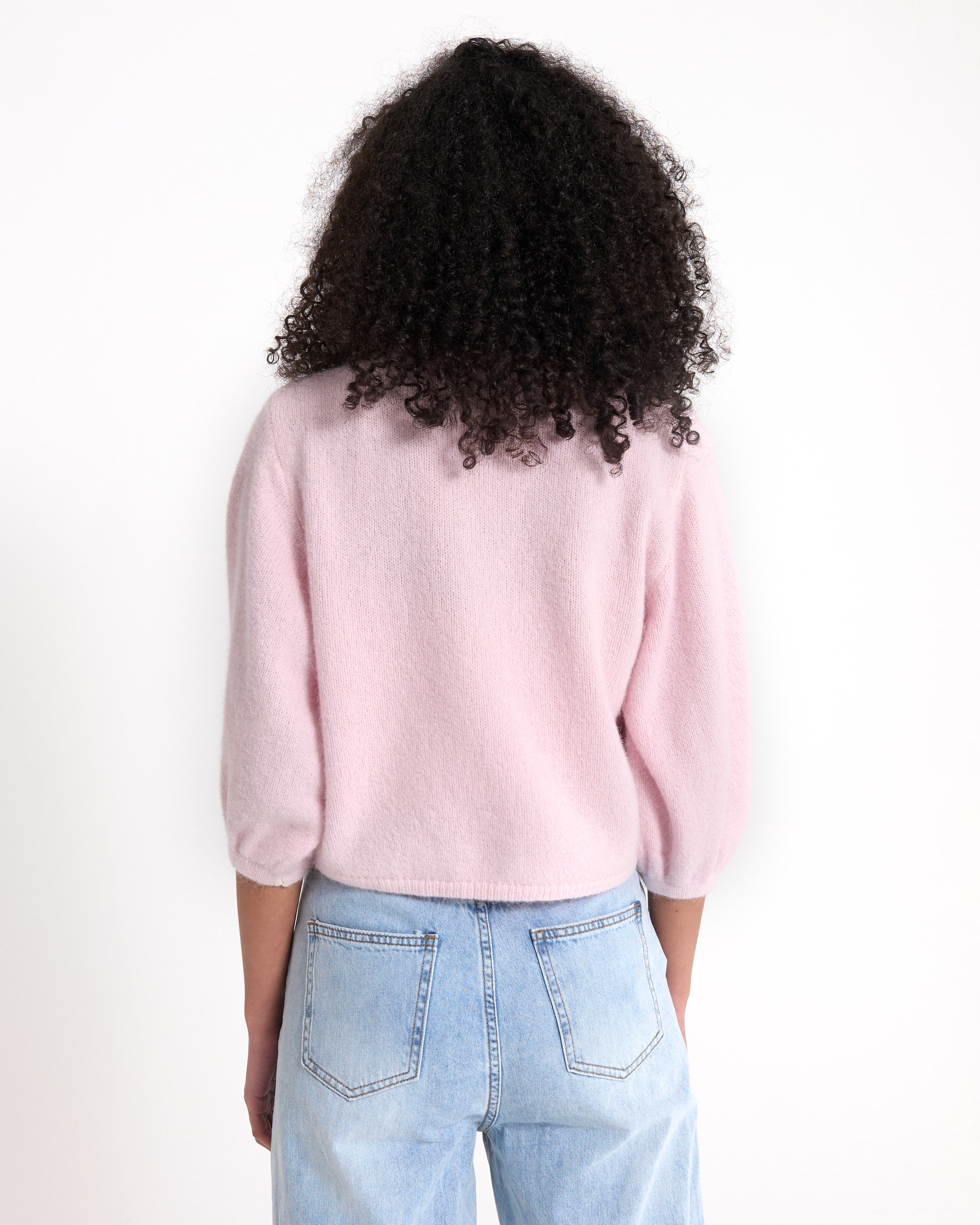 pink sweater, soft knit, long sleeves, cropped length, denim jeans