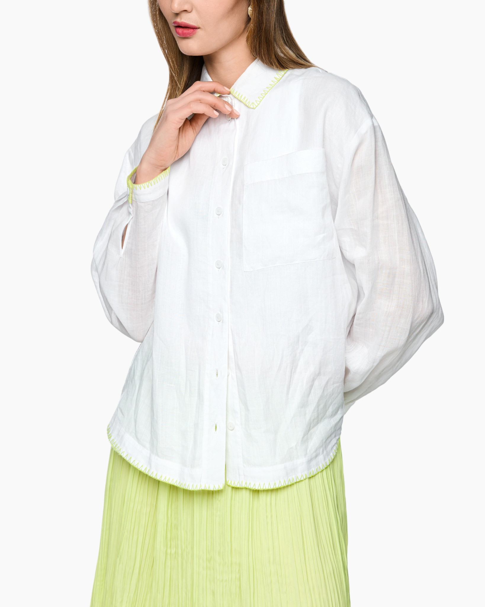 white shirt, button-down, collar, long sleeve, linen