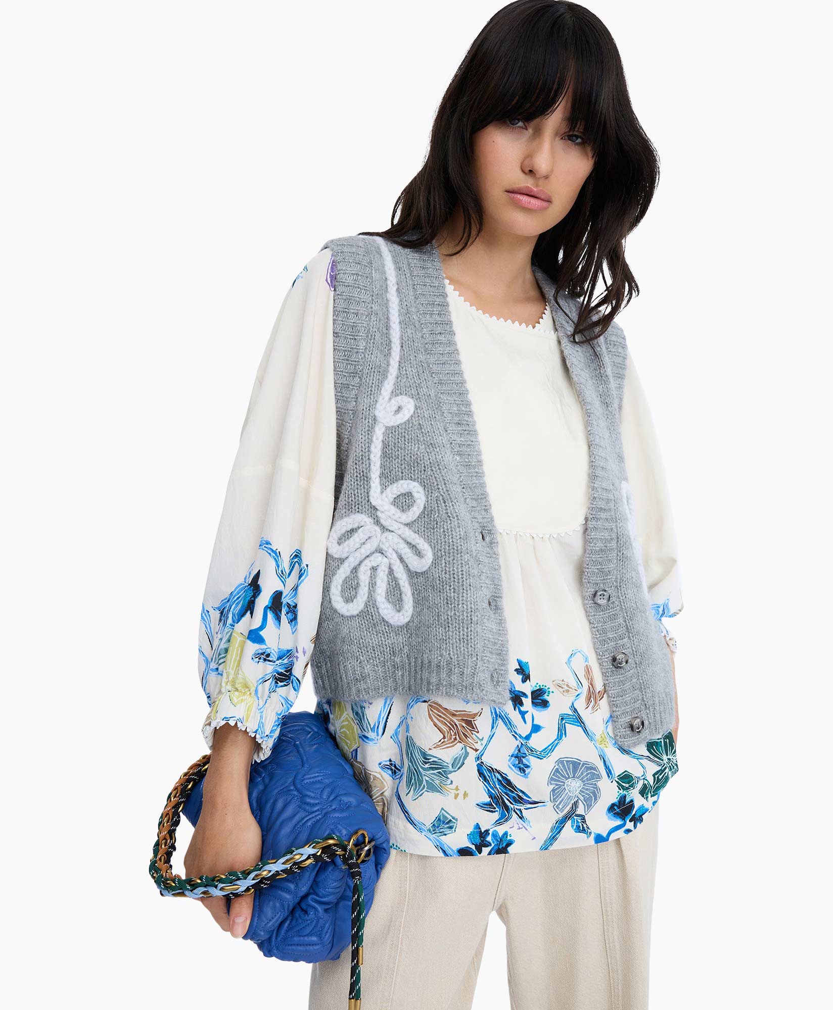 knit vest, gray vest, cardigan vest, floral print, blue bag