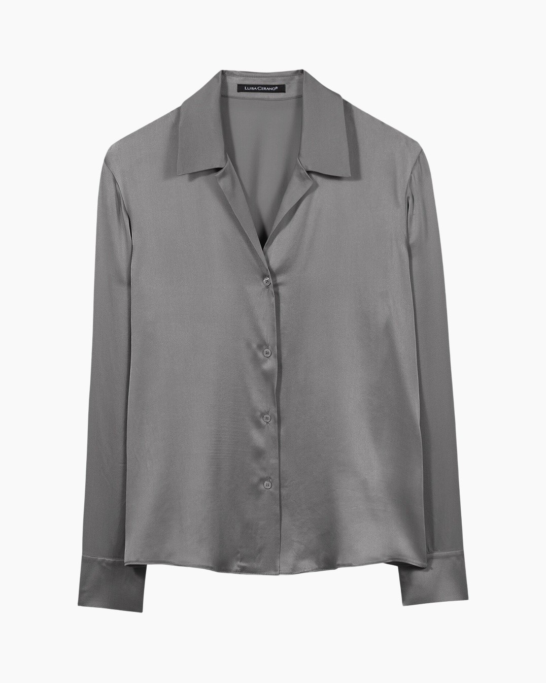 blouse, silk, long sleeve, button-down, gray