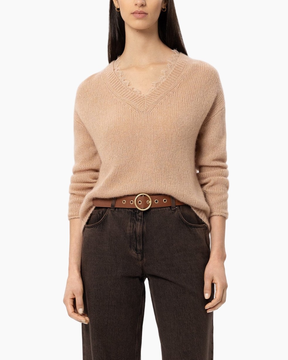 sweater, V-neck, knit, beige, belted