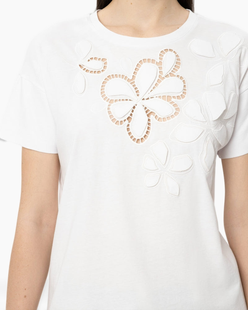 white shirt, floral embroidery, eyelet cutout, short sleeve, t-shirt