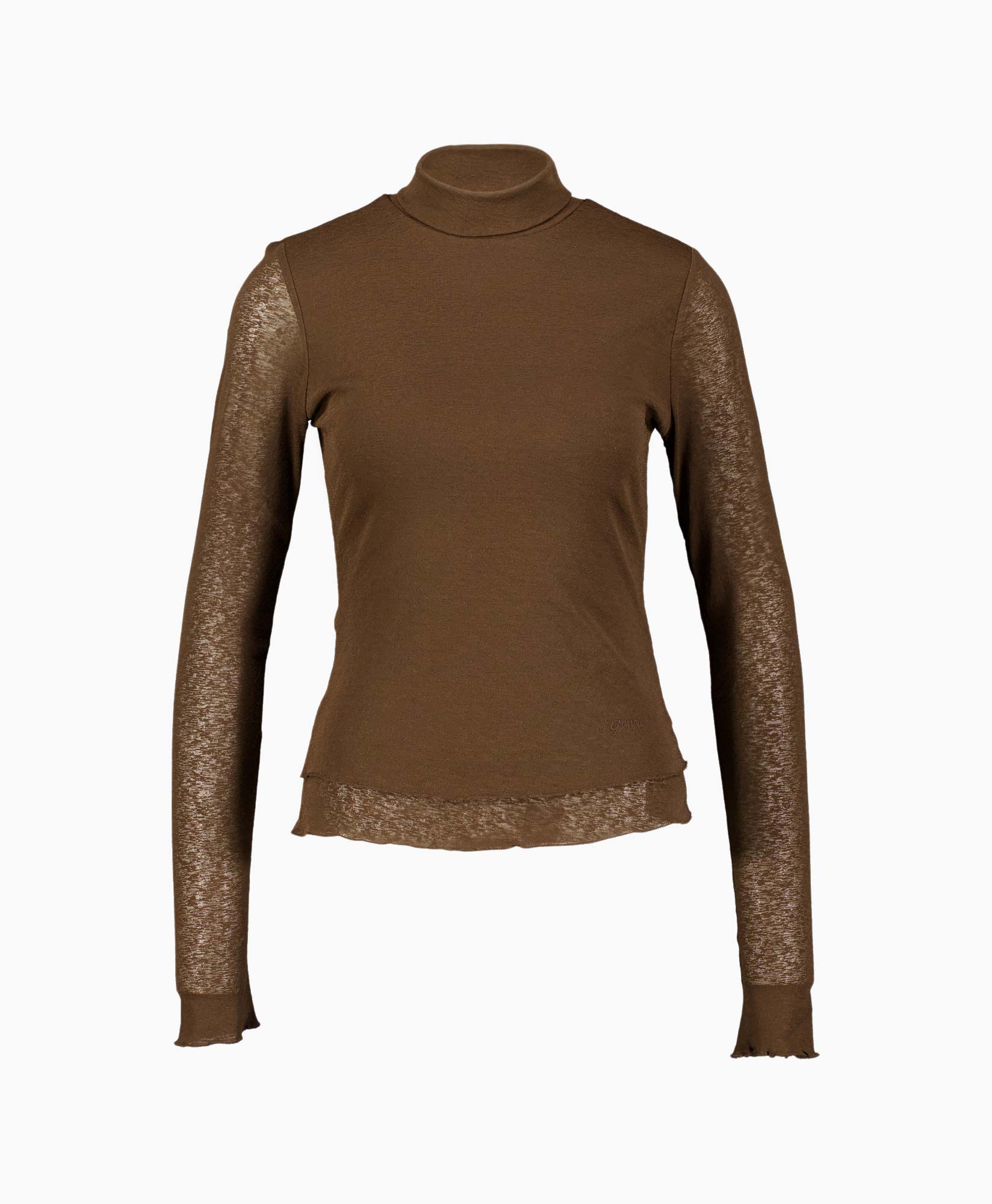 turtleneck, brown, longsleeve, sheer sleeves, knit top