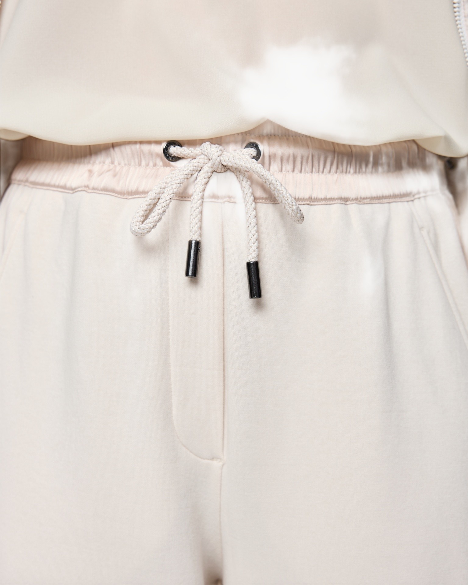 drawstring, elastic waist, beige pants, soft fabric, casual wear