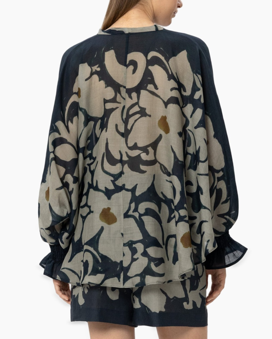 blouse, long-sleeve, tie-neck, abstract-pattern, shorts-set