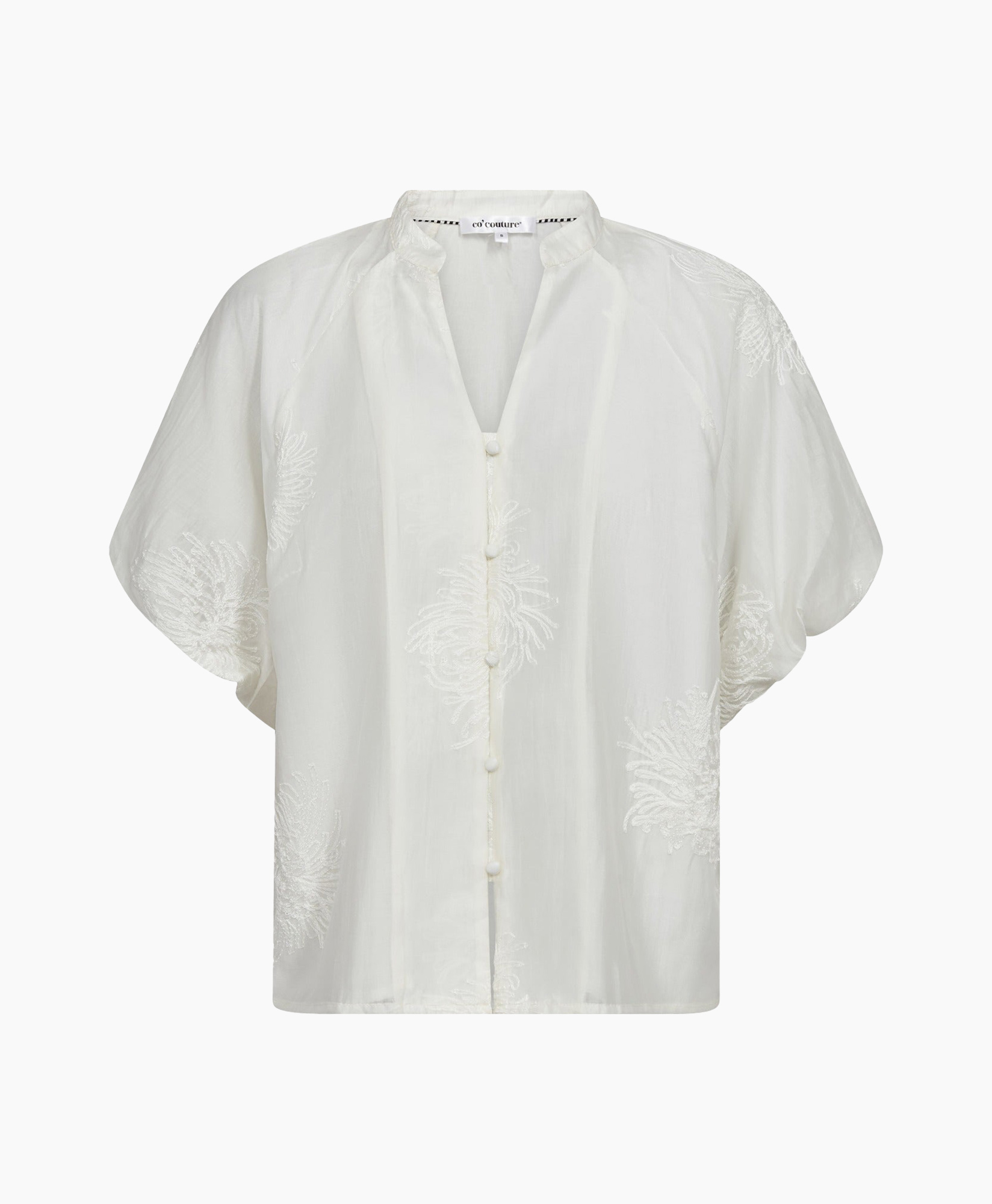 blouse, embroidery, short sleeve, white, buttoned